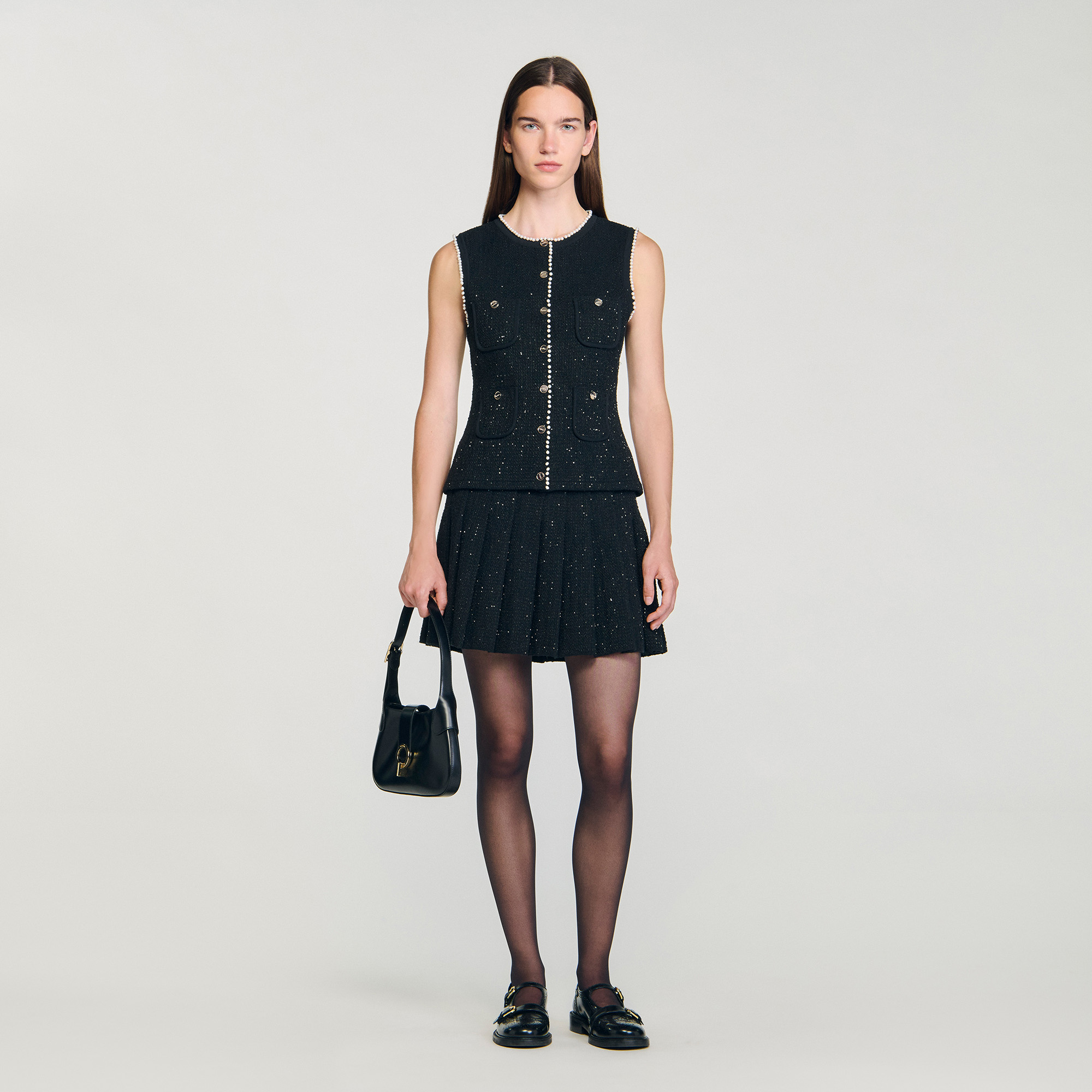 Embellished tweed vest top