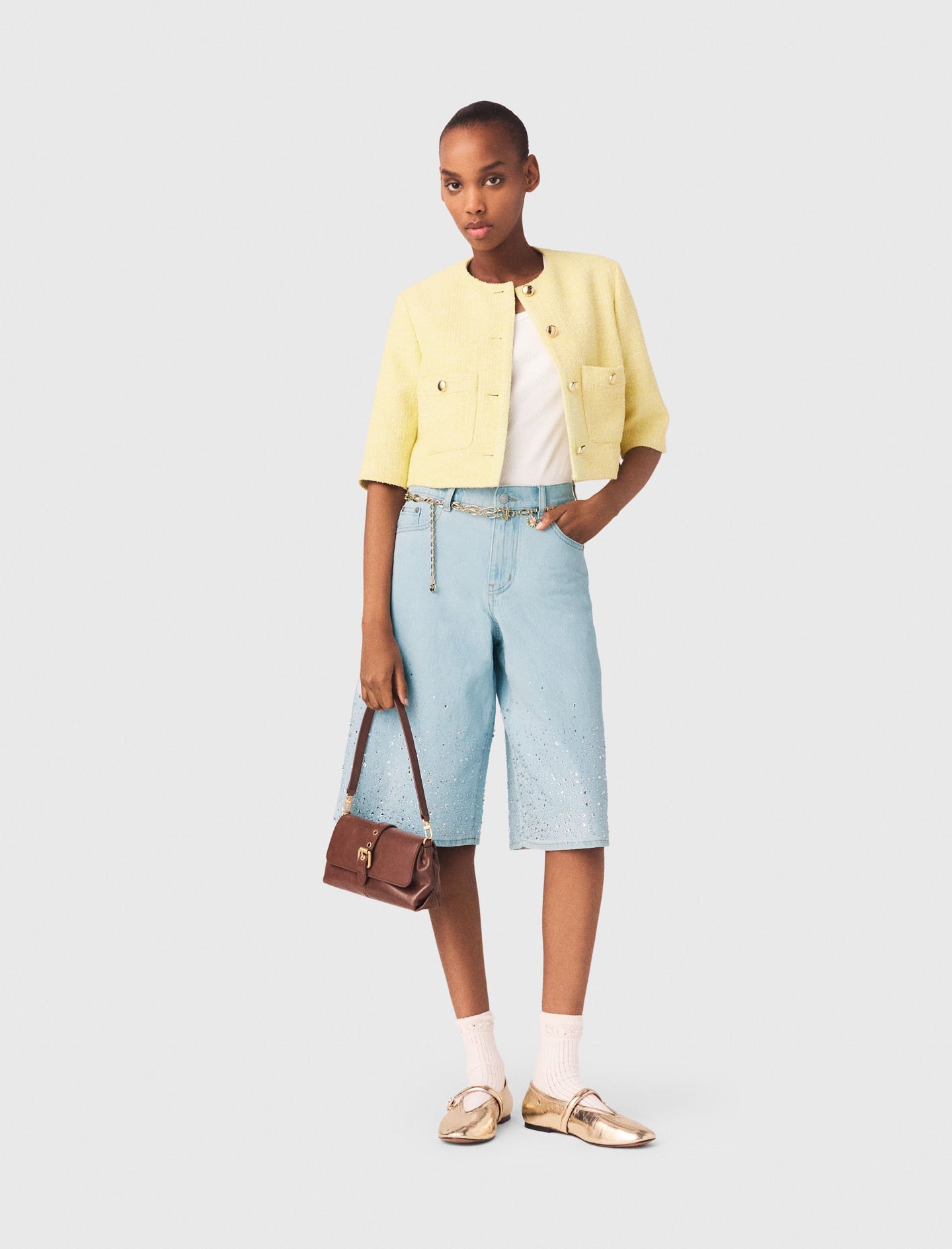 Woman's polyester Short-sleeved tweed jacket for Spring/Summer, size Extra Extra Large, in color Pale Yellow /