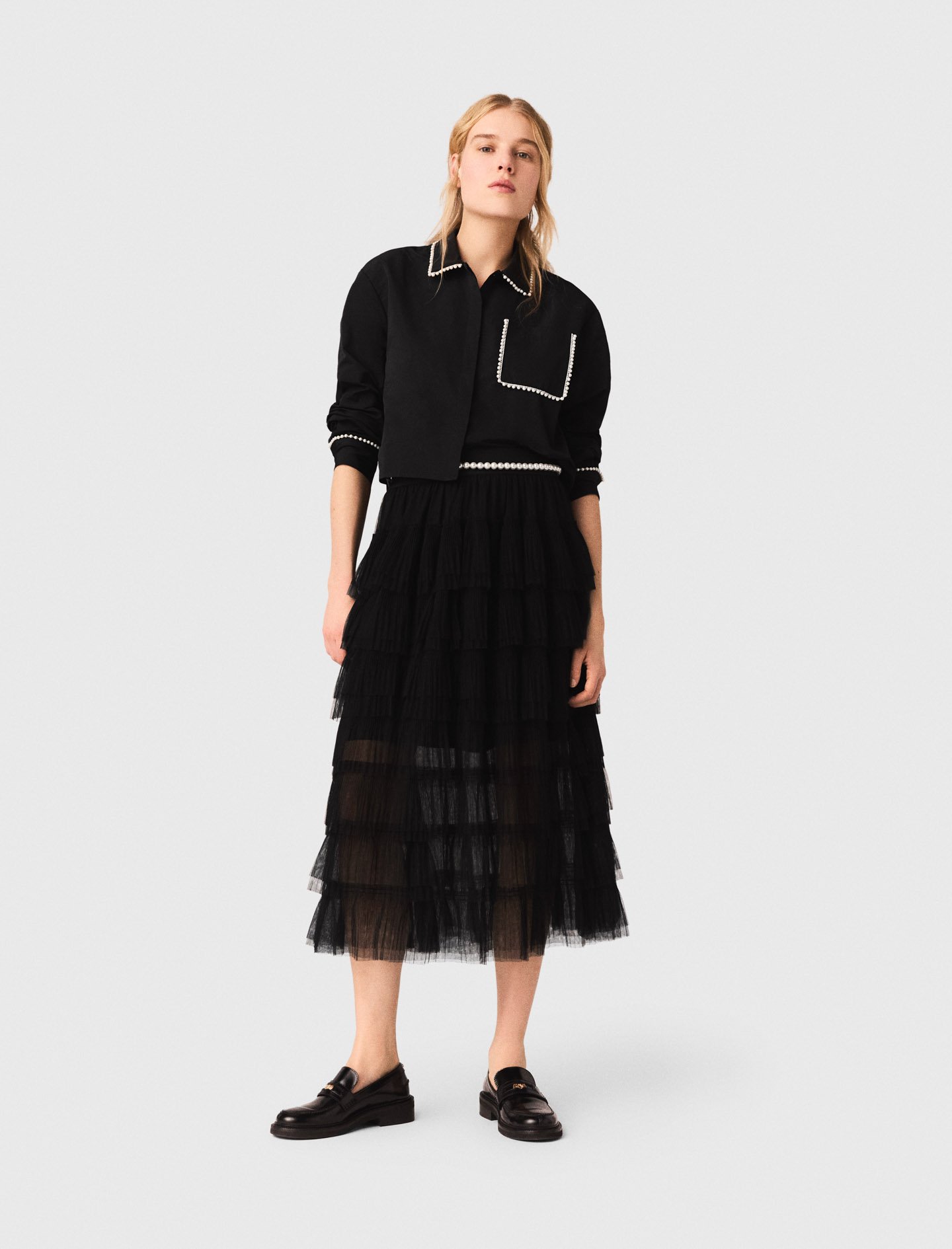 Woman's polyester Tulle midi skirt for Spring/Summer, size Medium, in color Black /