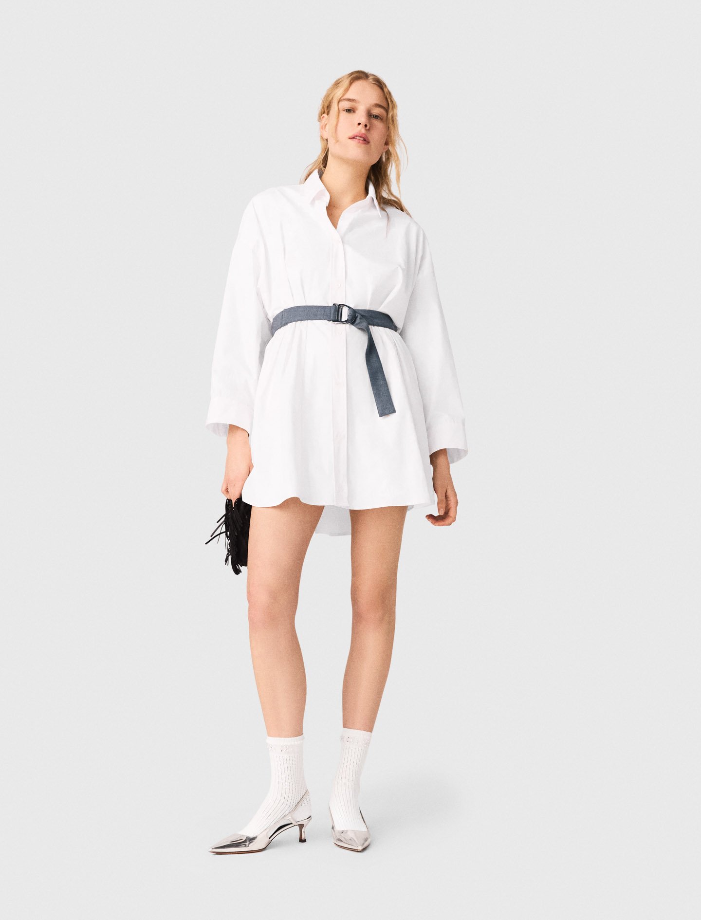 Woman's cotton Shirt dress with contrast belt for Spring/Summer, size Small, in color White / by Maje