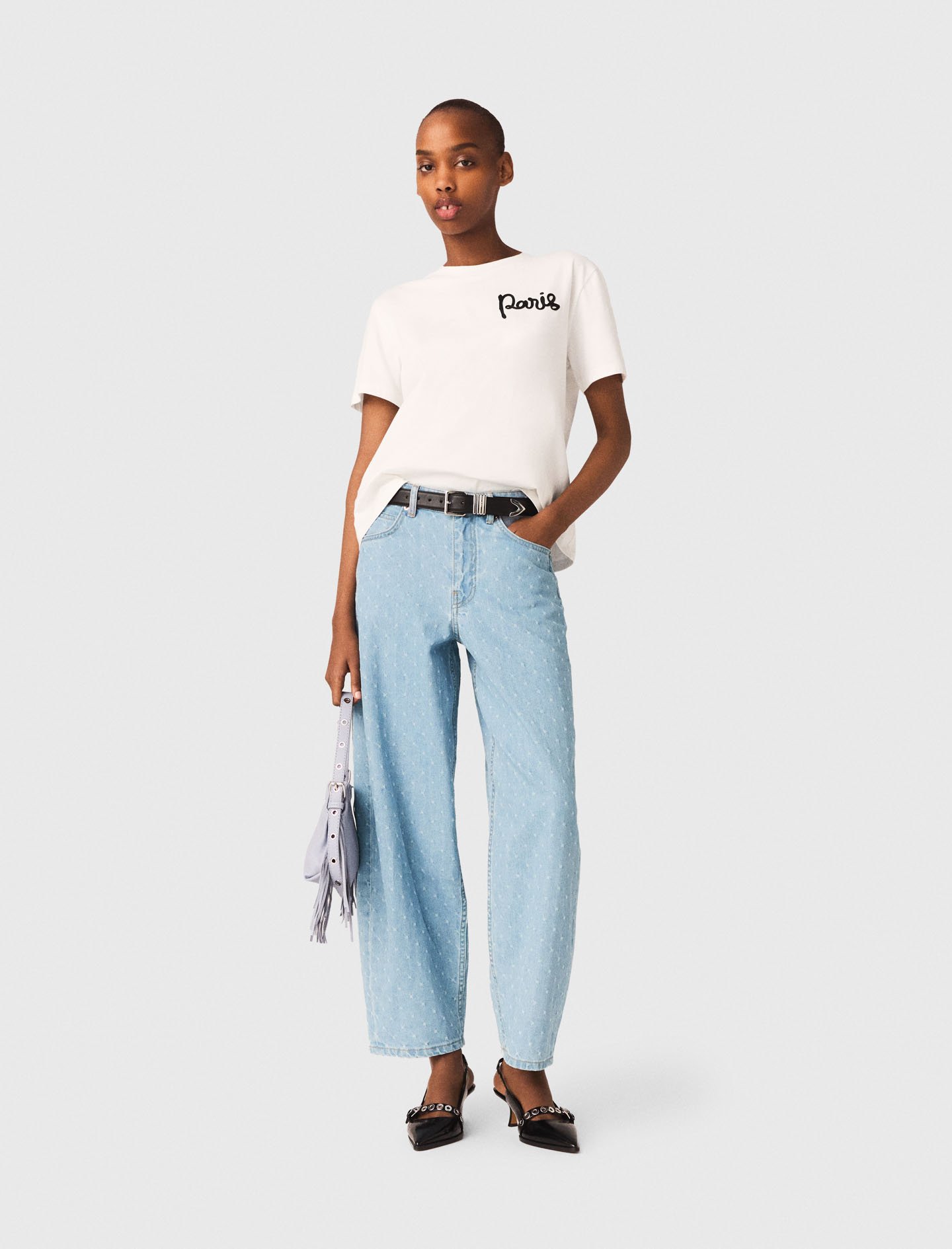 Woman's cotton T-shirt with embroidered Paris logo for Spring/Summer, size Extra Small, in color White /