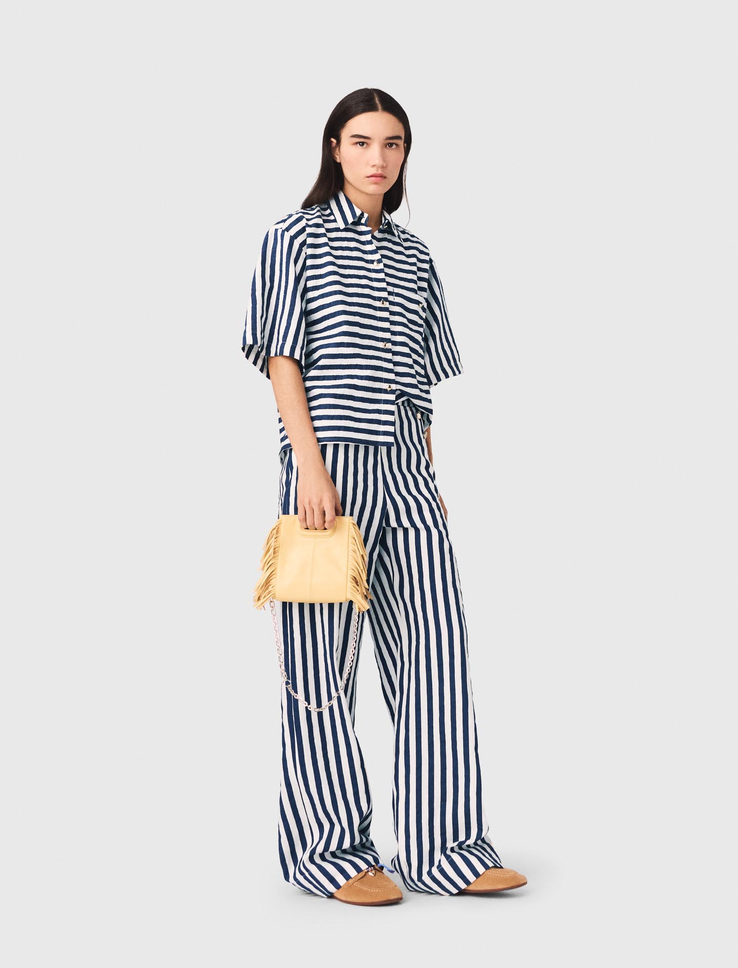 Woman's polyester Cropped linen-blend shirt for Spring/Summer, size Small, in color White/Blue / Blue