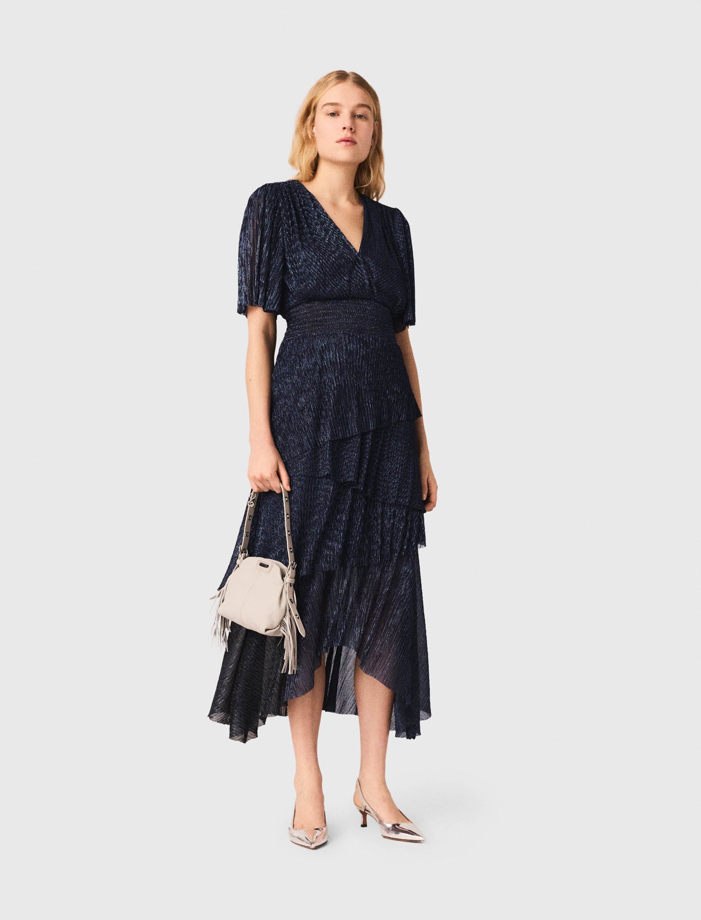 Woman's polyester Metallic ruffled midi dress for Spring/Summer, size Extra Small, in color Navy / Blue
