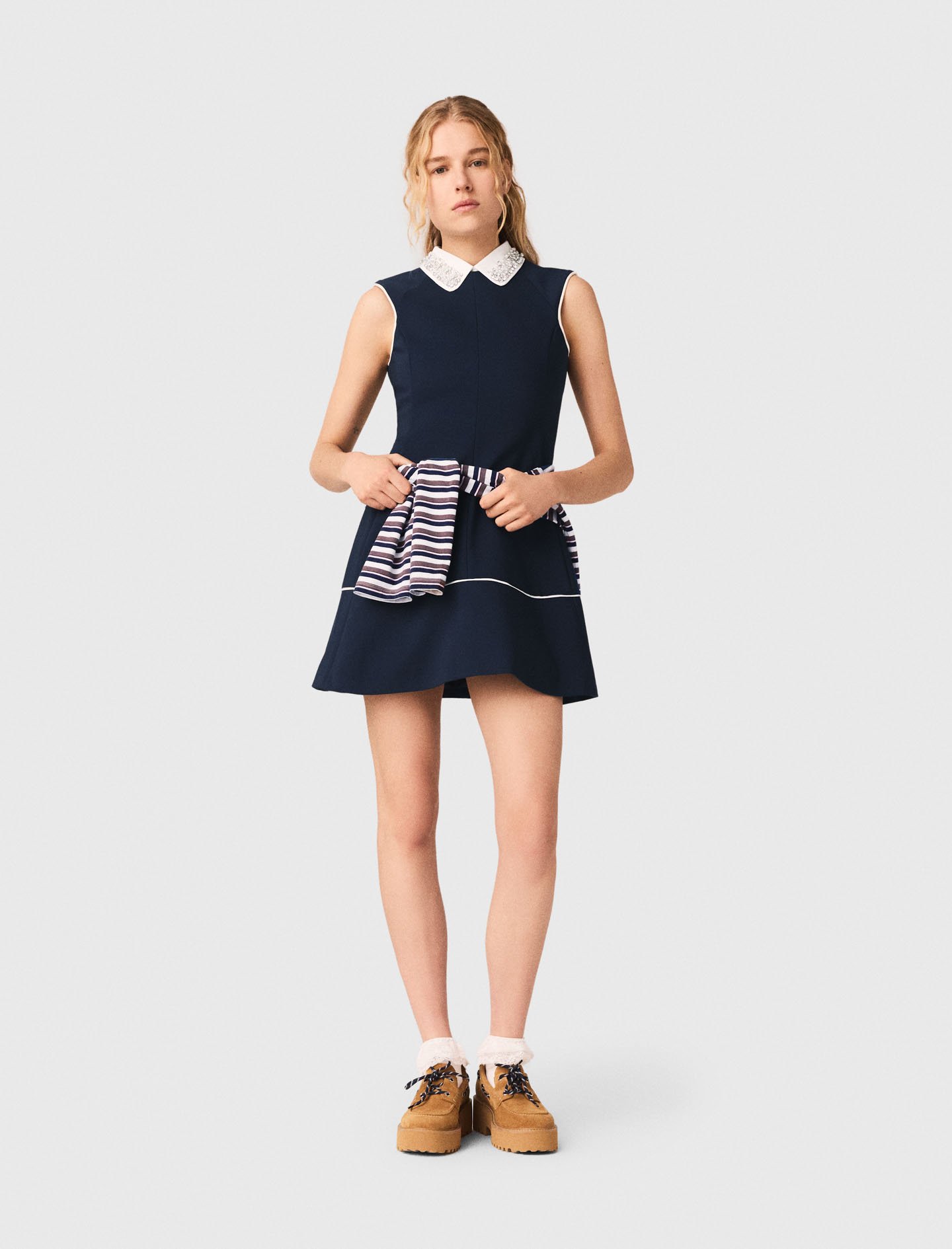 Woman's cotton Flared dress with contrast trim for Spring/Summer, size Extra Extra Large, in color Navy / Blue