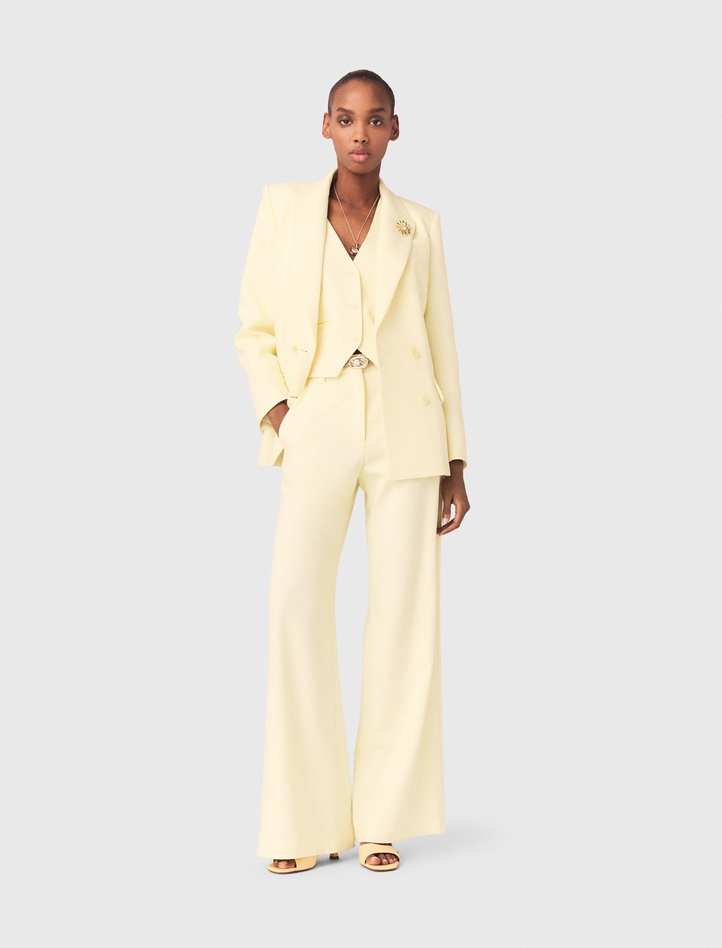 Woman's viscose Double-breasted suit jacket for Spring/Summer, size Extra Extra Large, in color Pale Yellow /