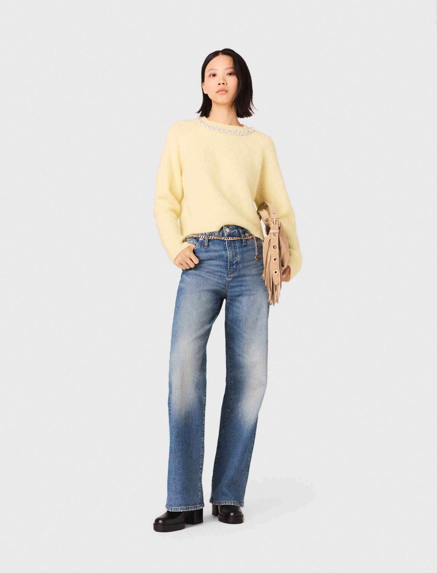 Woman's cotton Jeans with chain-link belt for Spring/Summer, size Extra Extra Large, in color Blue / by Maje