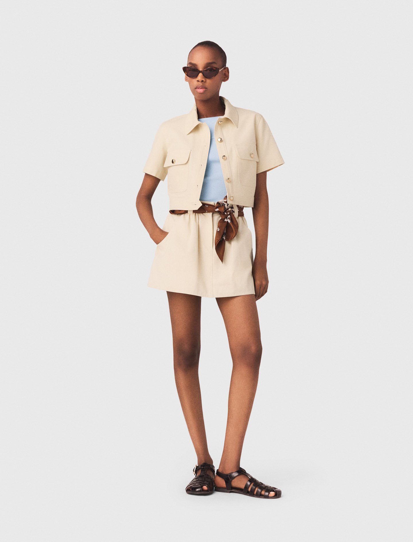 Woman's cotton Short-sleeved cropped jacket for Spring/Summer, size Extra Small, in color Ecru / Beige