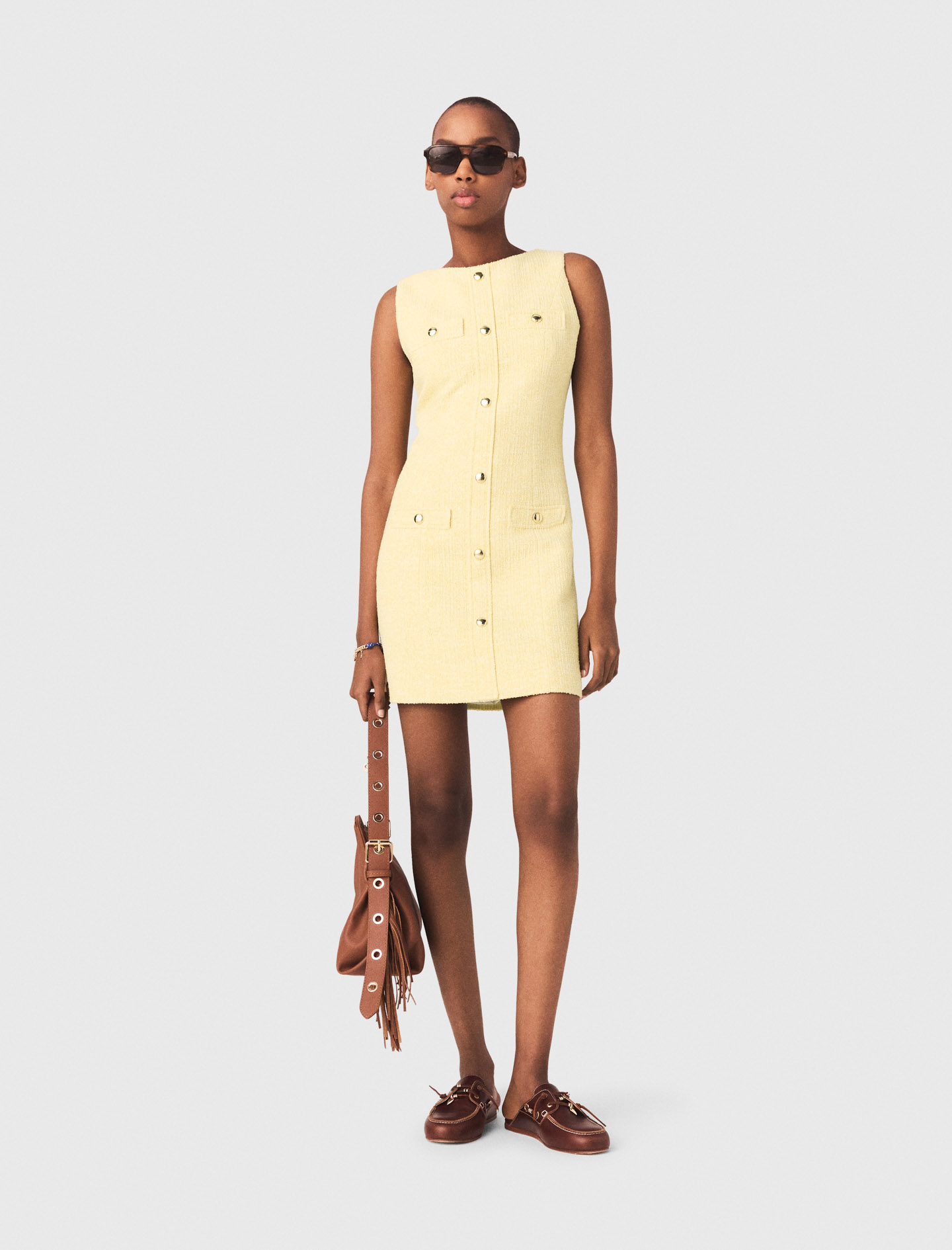Woman's polyester Short tweed dress for Spring/Summer, size Extra Small, in color Pale Yellow /