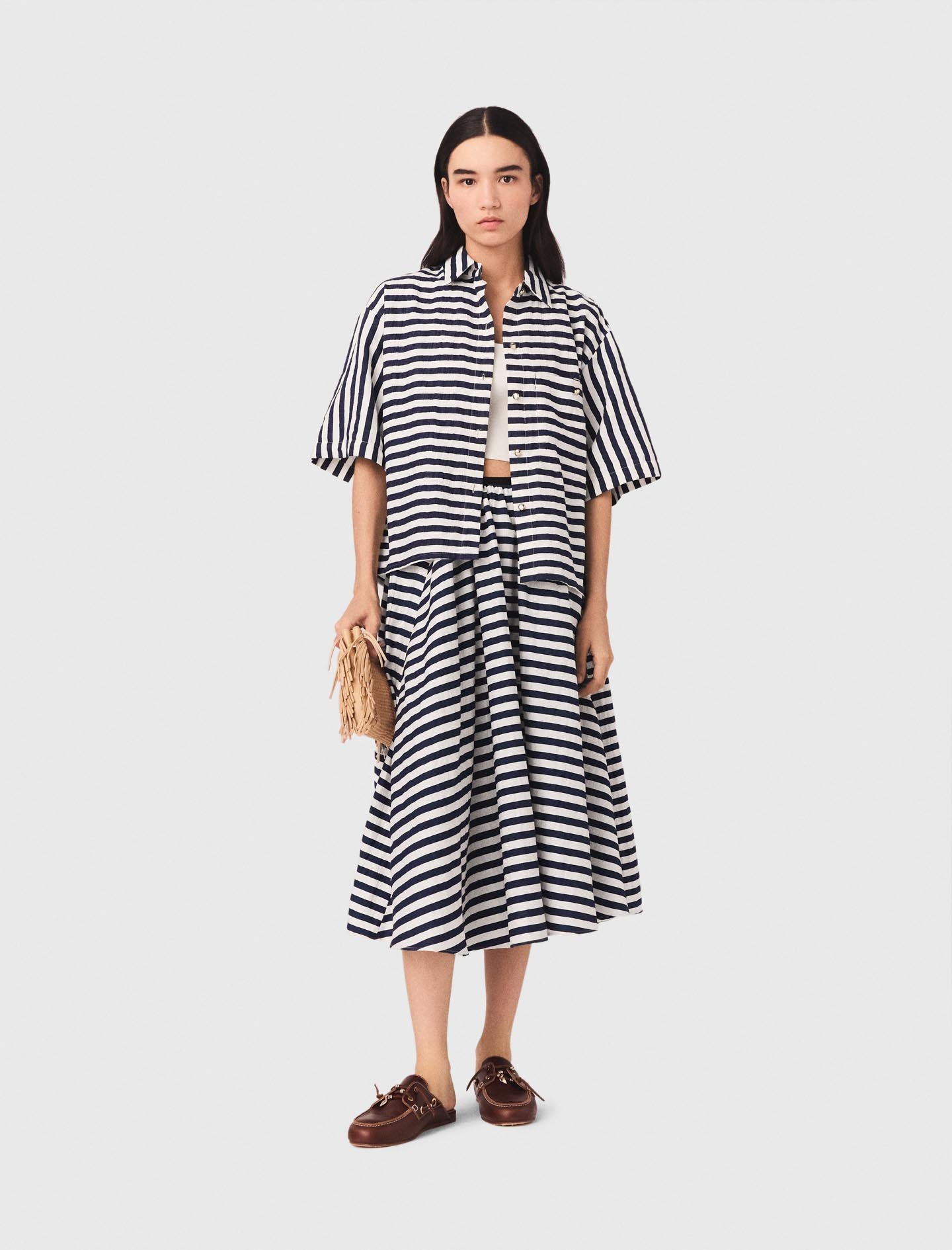 Woman's polyester Linen-blend midi skirt for Spring/Summer, size Medium, in color White/Blue / Blue