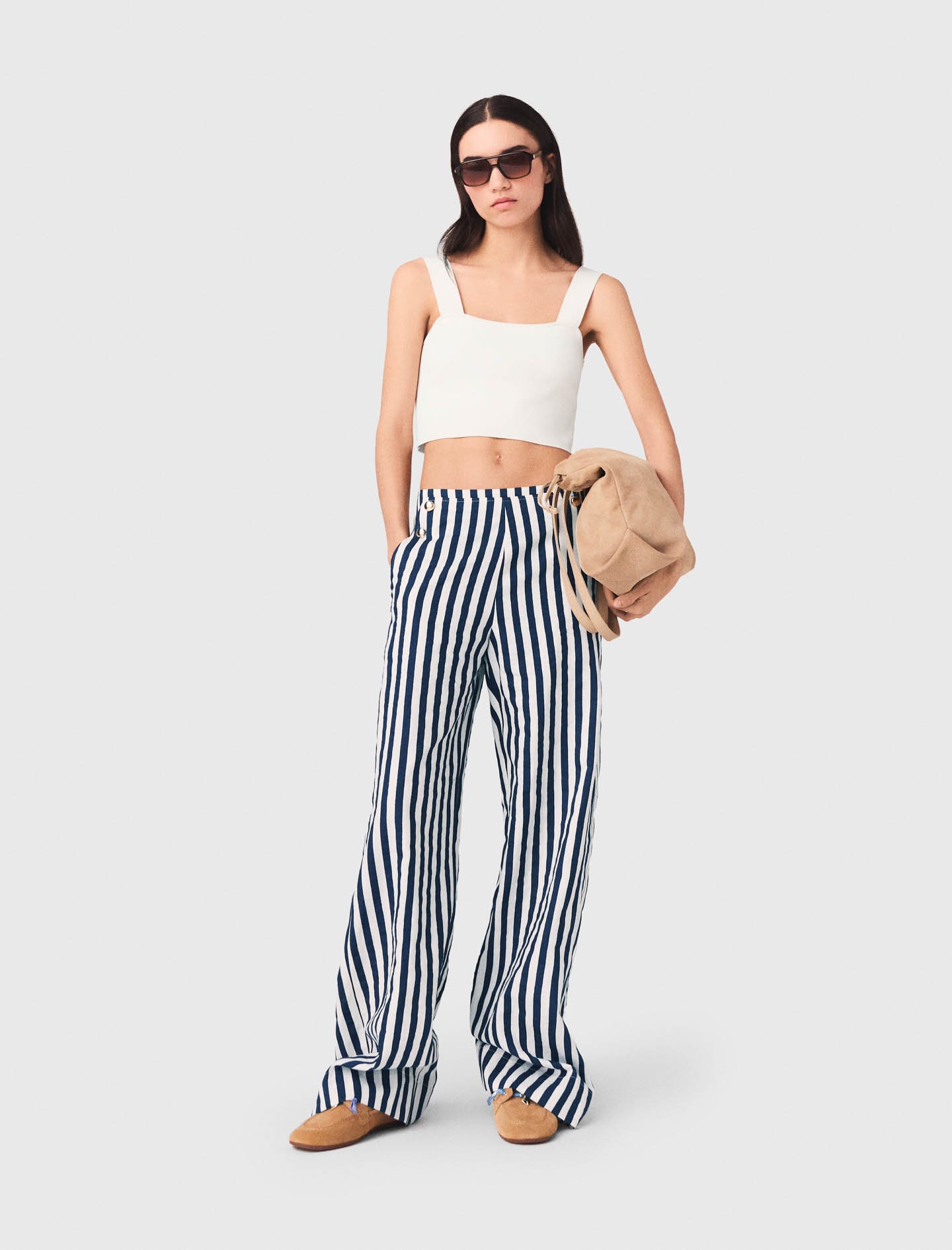 Woman's polyester Linen blend sailor trousers for Spring/Summer, size Large, in color White/Blue / Blue