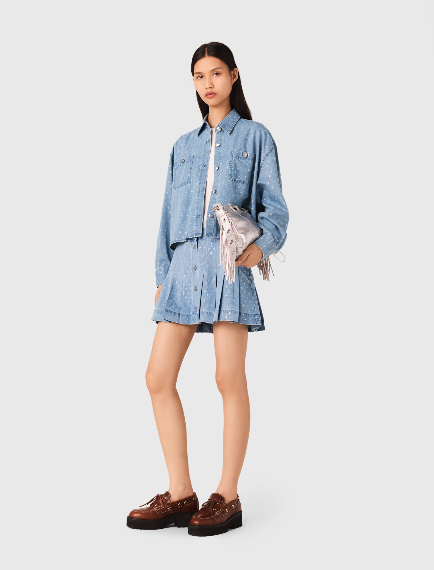 Woman's cotton Short rhinestone denim shirt for Fall/Winter, size Large, in color DENIM BLUE / by Maje