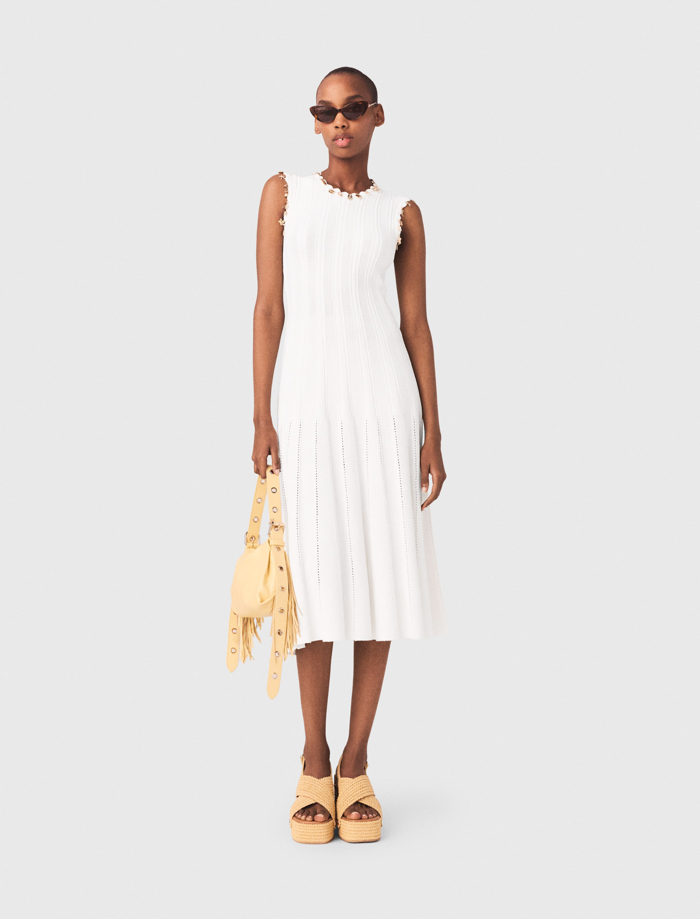 Woman's cotton Knit dress with gold jewellery for Spring/Summer, size Extra Small, in color White /