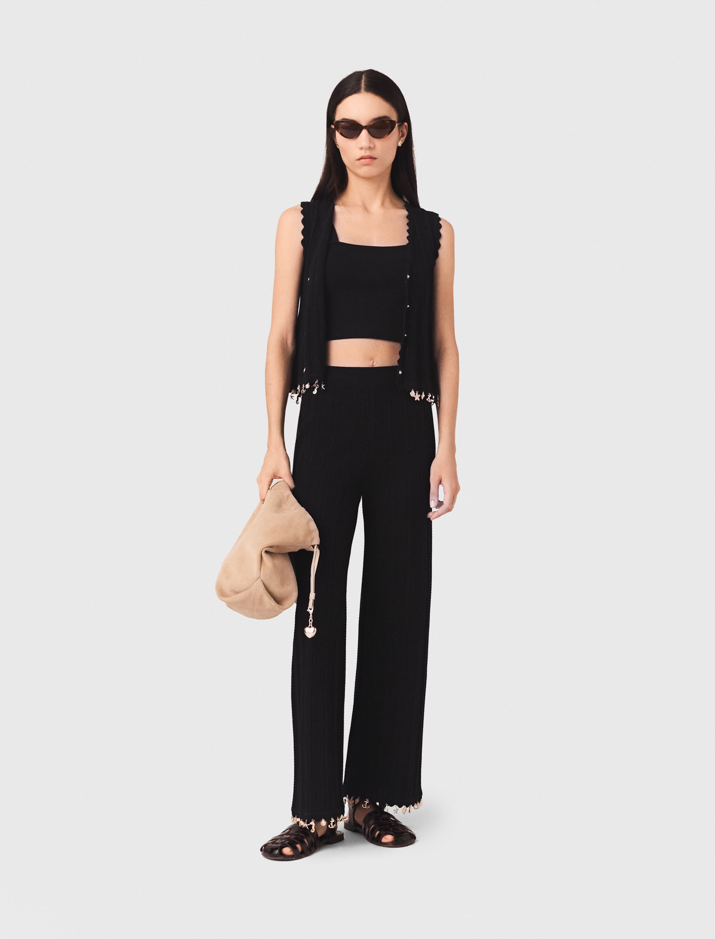 Woman's cotton Jewelled knit trousers for Spring/Summer, size Large, in color Black /