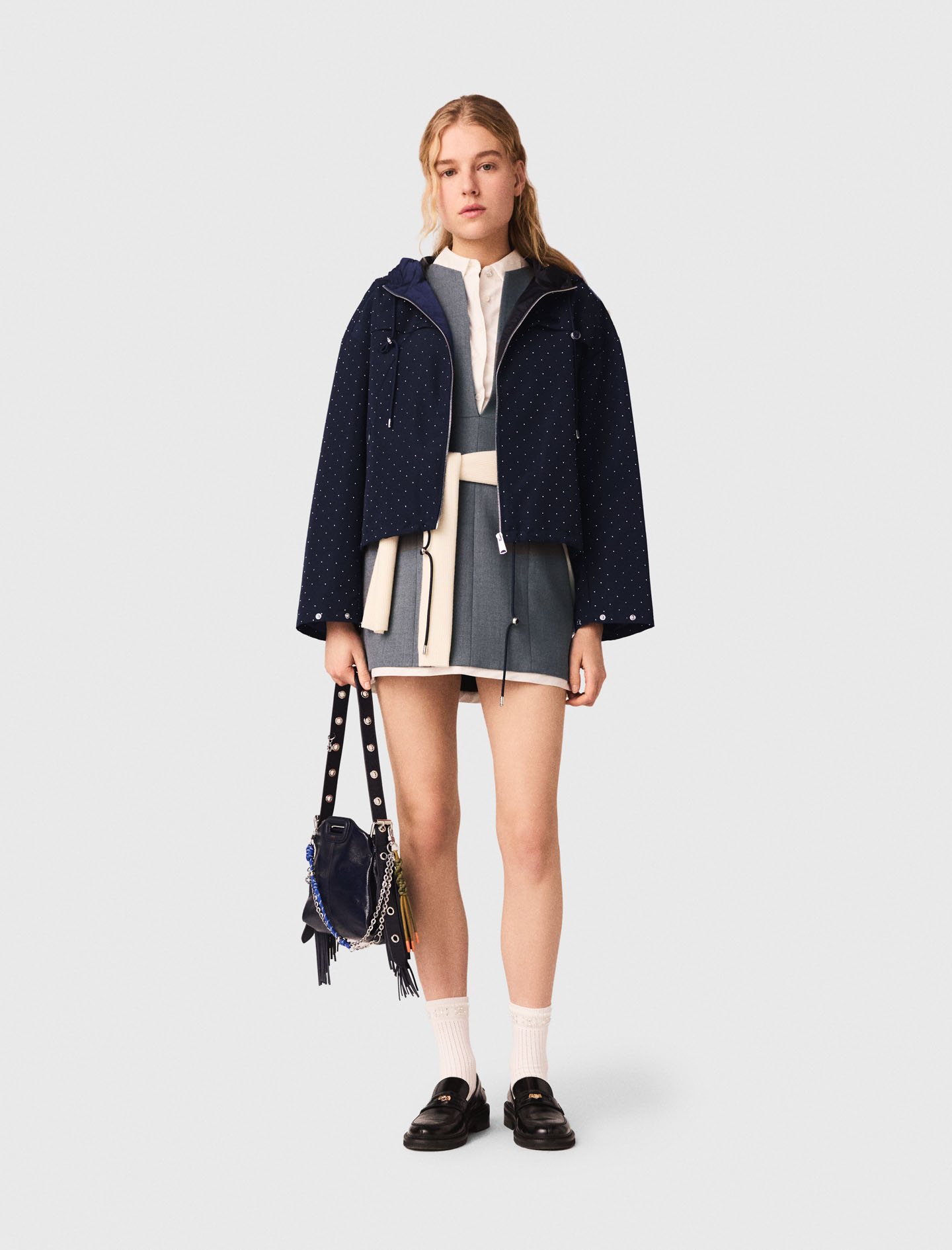 Woman's polyester Hooded windbreaker with rhinestones for Spring/Summer, size Extra Small, in color Navy / Blue by Maje