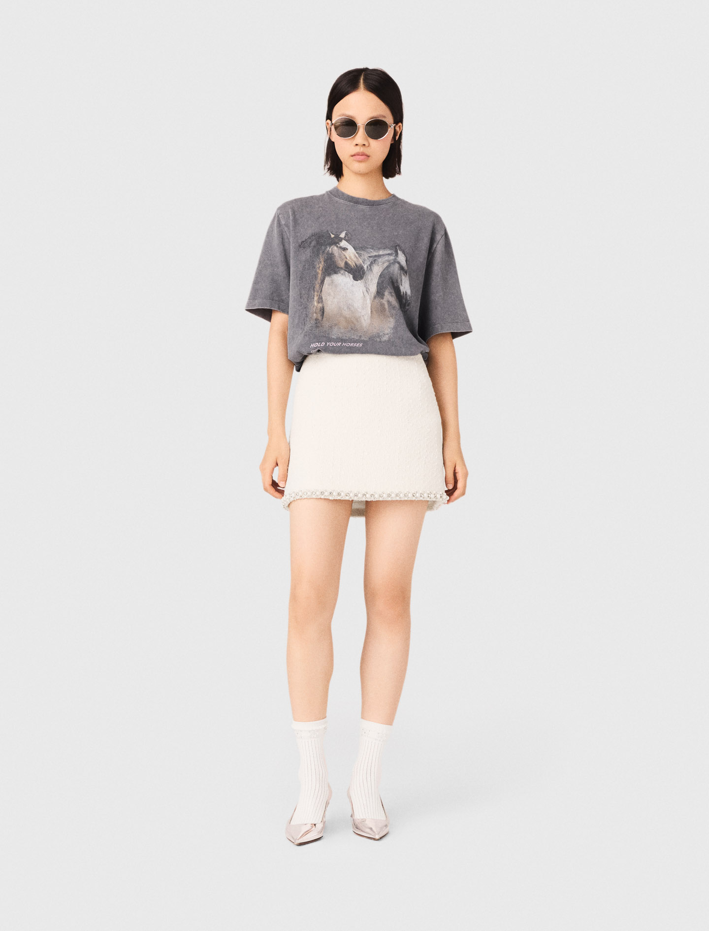 Woman's cotton Horse print T-shirt for Spring/Summer, size Large, in color Grey / by Maje