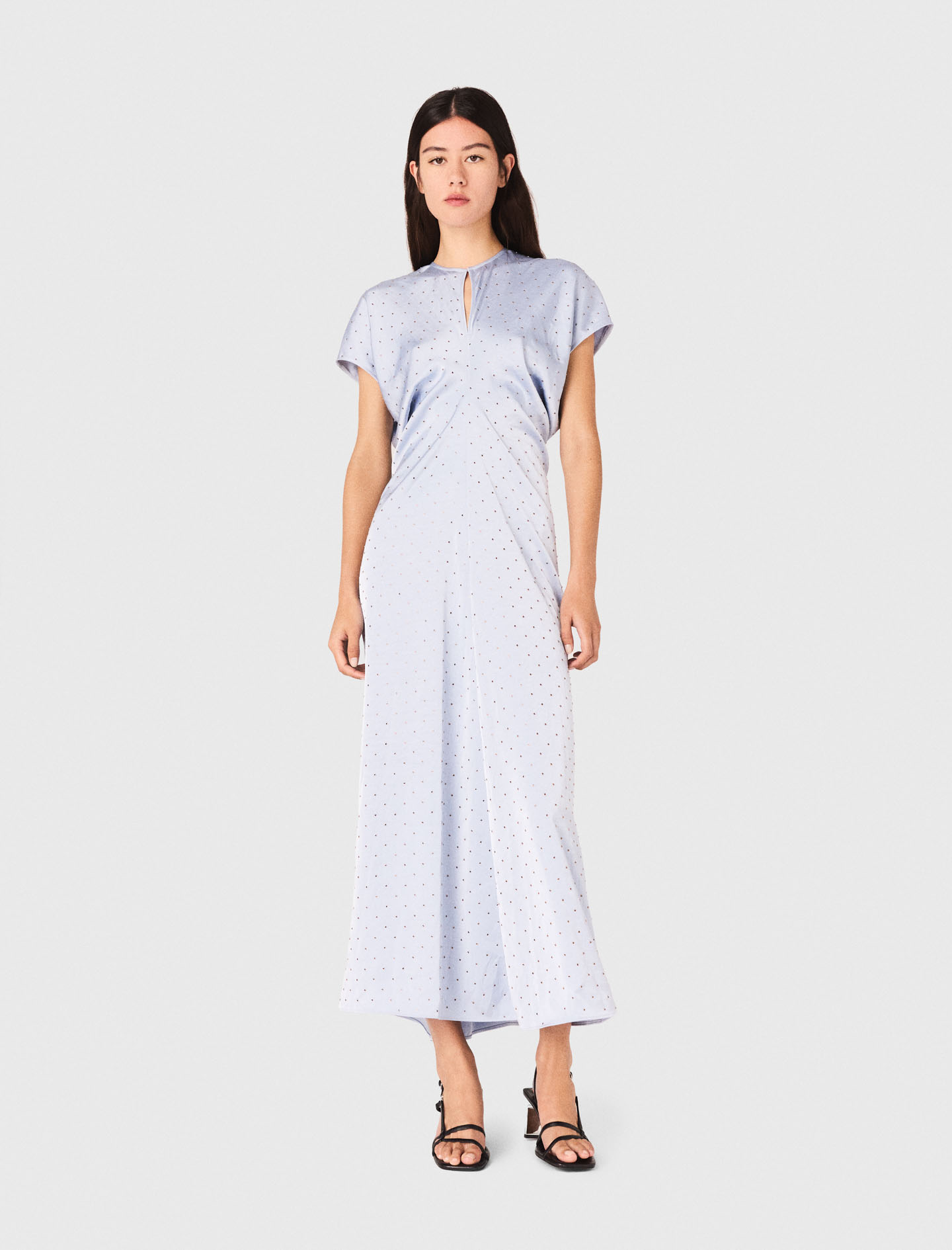 Woman's polyester Robe maxi en satin, taille plissée for Fall/Winter, size Large, in color Light Blue / Blue by Maje