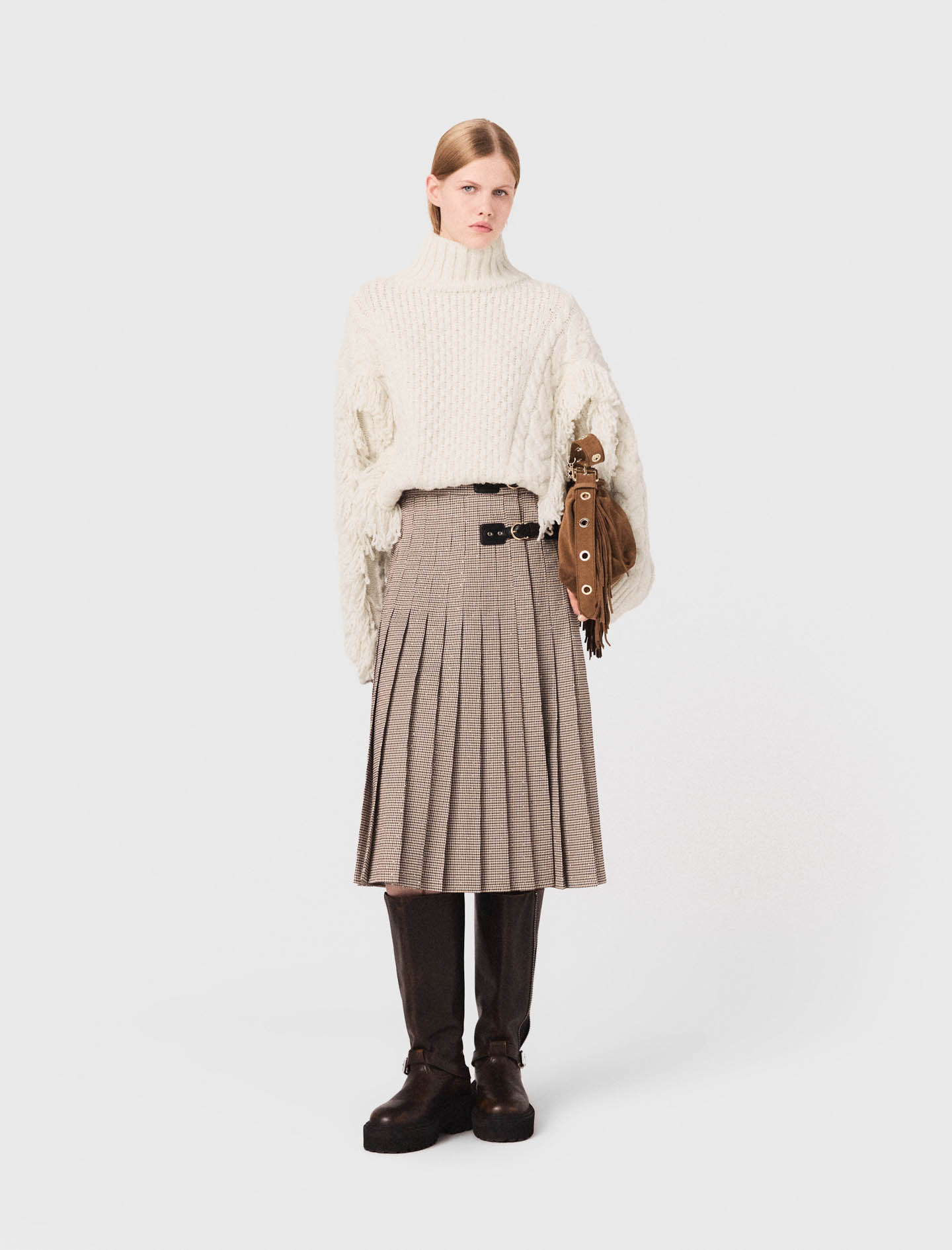 Woman's polyester Pleated checked midi skirt for Fall/Winter, size Extra Small, in color Brown /