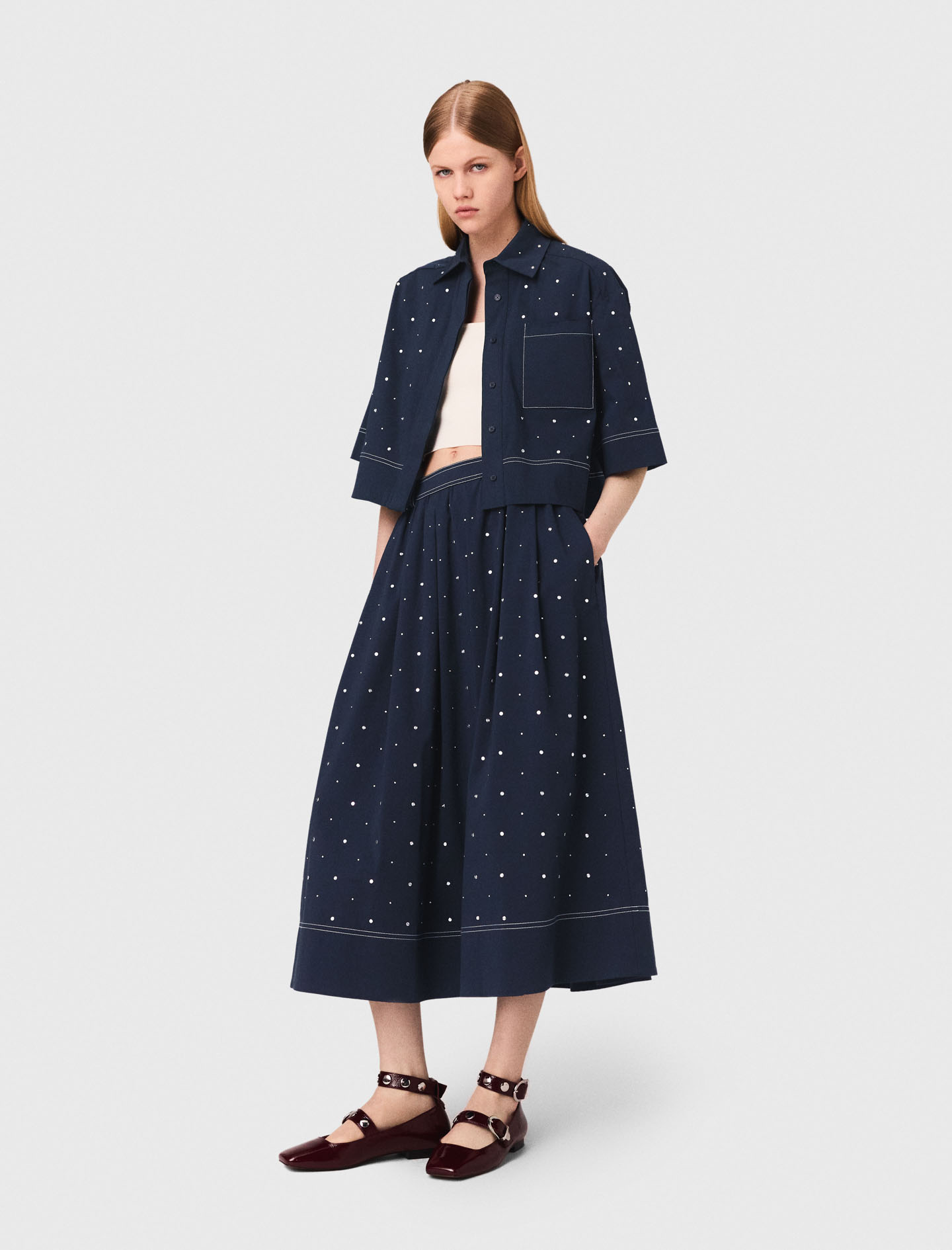 Woman's cotton Cropped shirt with studs for Fall/Winter, size Medium, in color Navy / Blue
