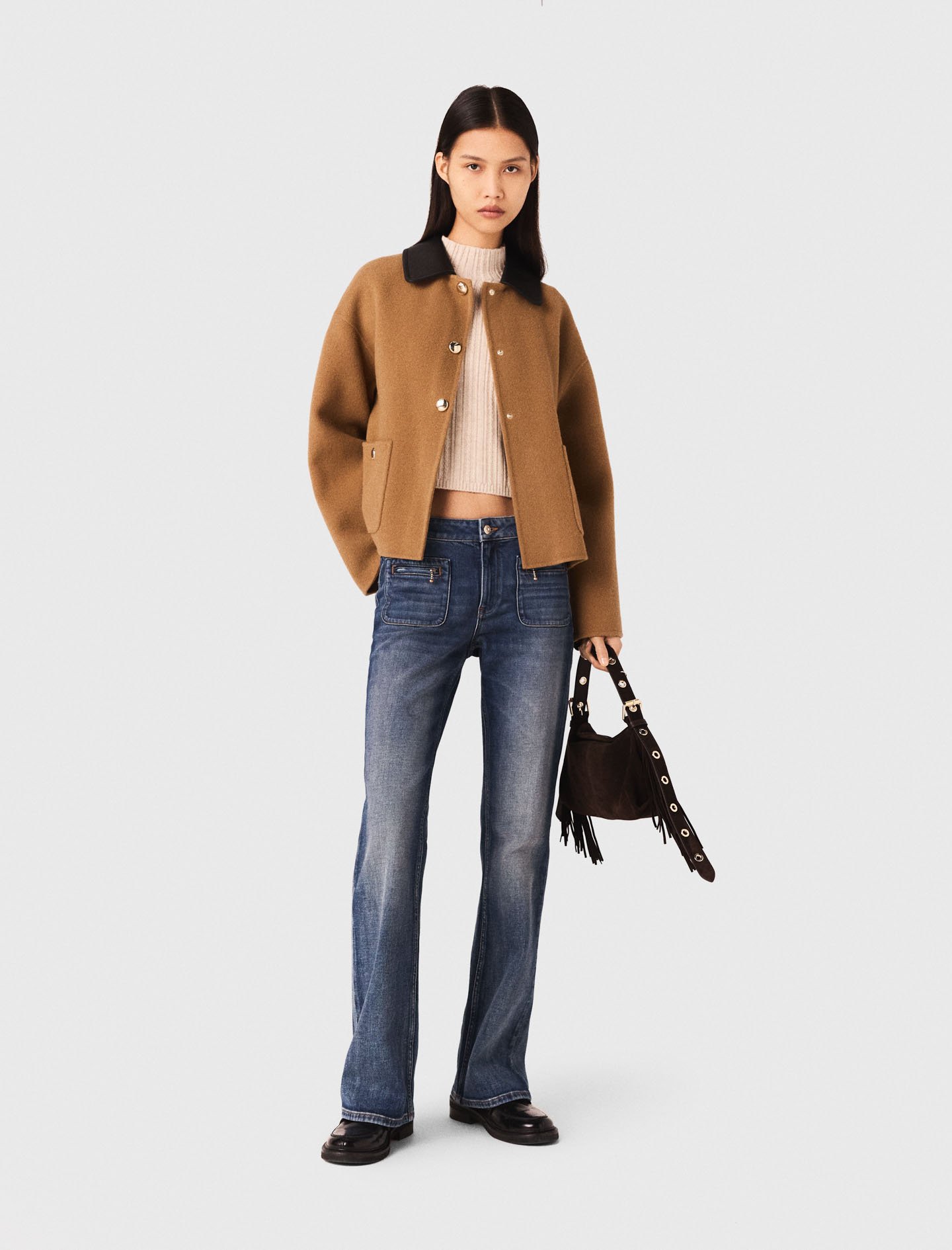 Woman's wool Double-faced coat with removable collar for Fall/Winter, size Extra Extra Large, in color Camel / Brown