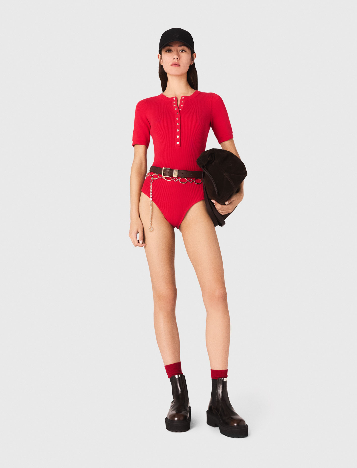 Woman's cotton Ribbed knit short sleeve bodysuit for Fall/Winter, size Extra Small, in color Red / by Maje