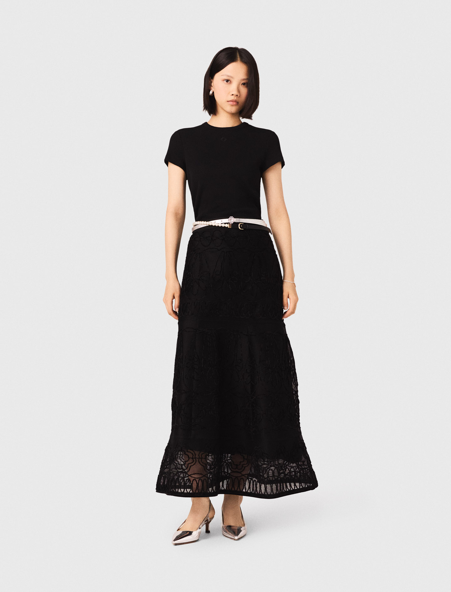 Woman's polyester Embroidered basket-weave knit skirt for Spring/Summer, size Medium, in color Black / by Maje