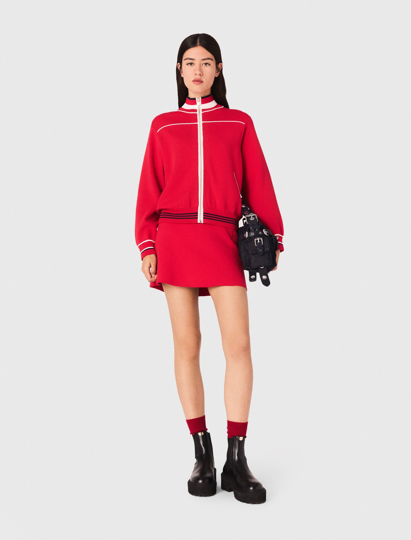 Woman's viscose Zipped cardigan with elastic waist for Fall/Winter, size Small, in color Red /