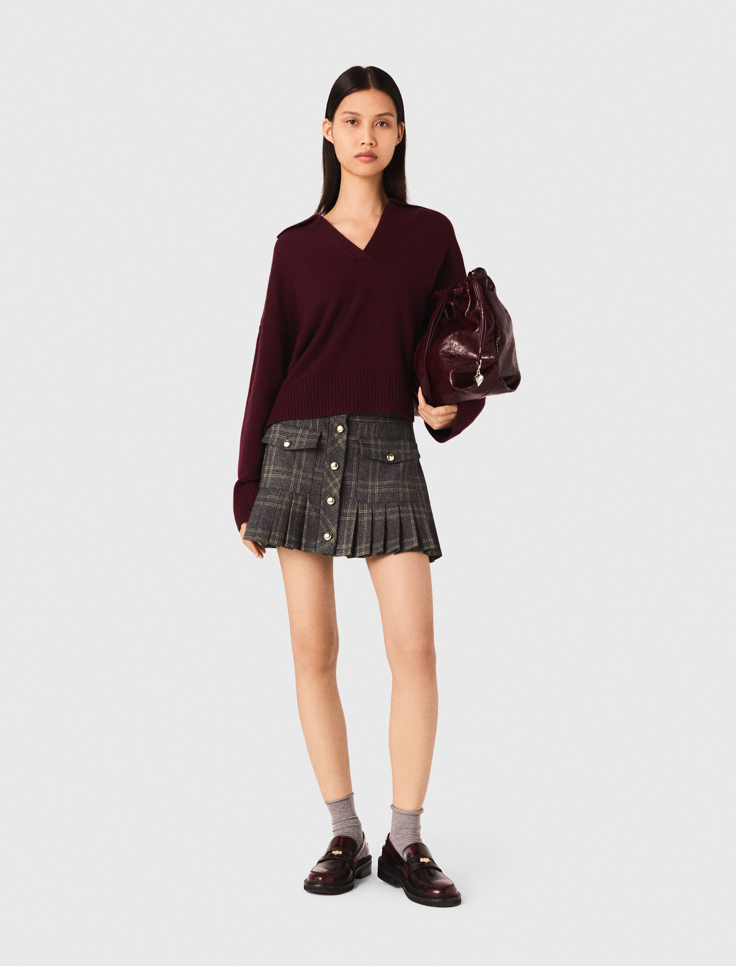 Woman's polyester Short pleated checked skirt for Fall/Winter, size Large, in color Grey /