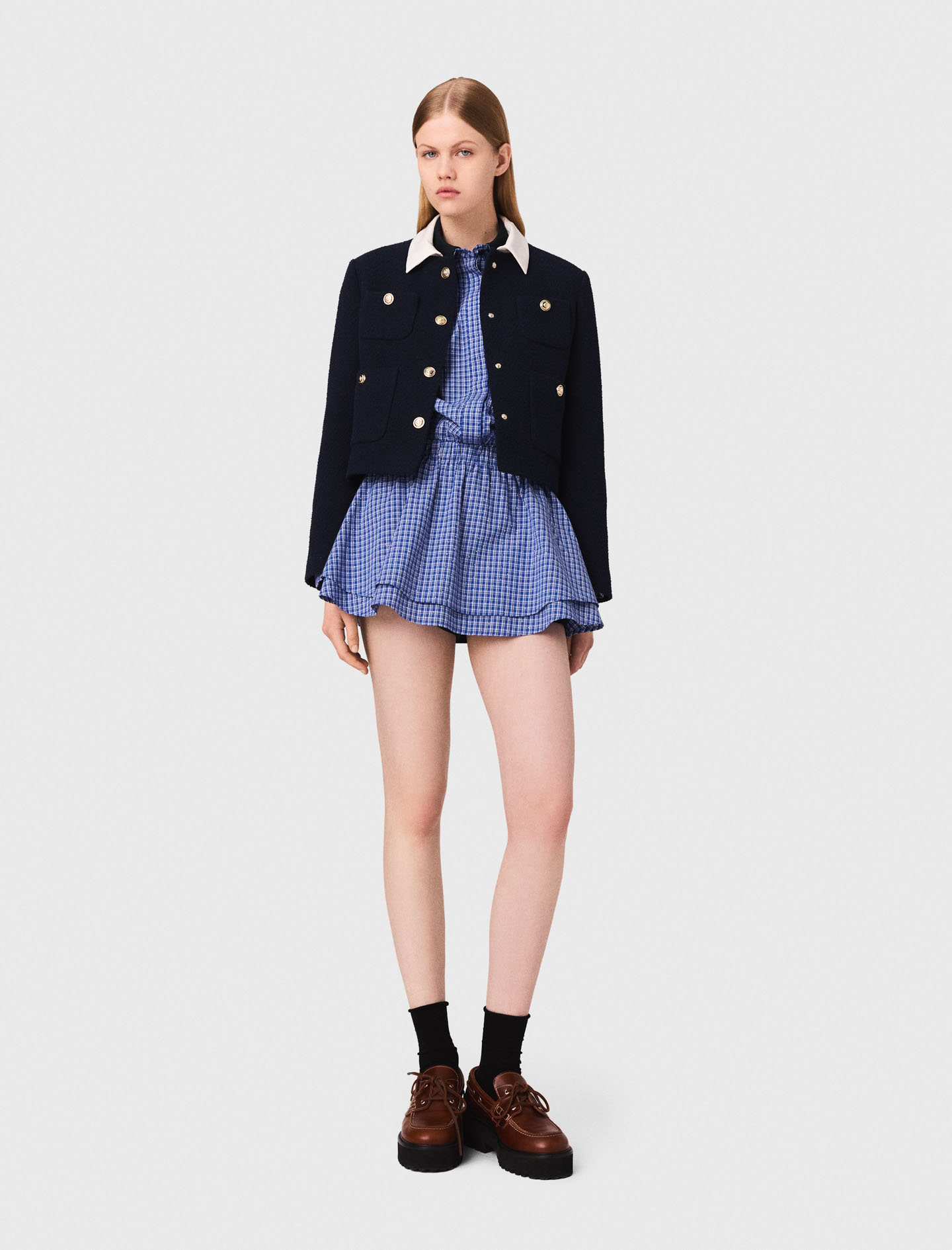 Woman's cotton Cropped tweed jacket, removable collar for Fall/Winter, size Medium, in color Navy / Blue