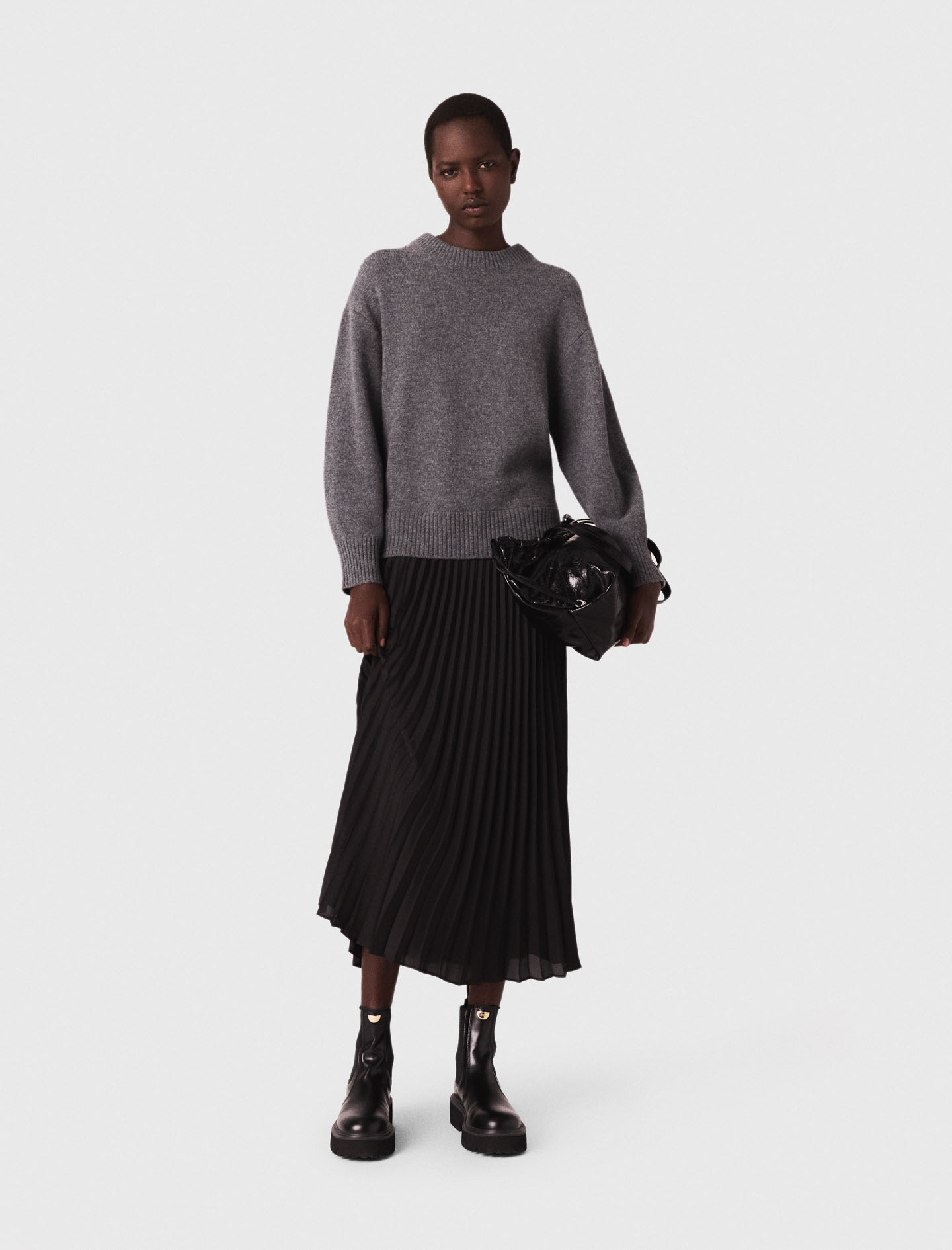 Woman's wool Dual-material maxi dress for Fall/Winter, size Large, in color Grey/Black / by Maje