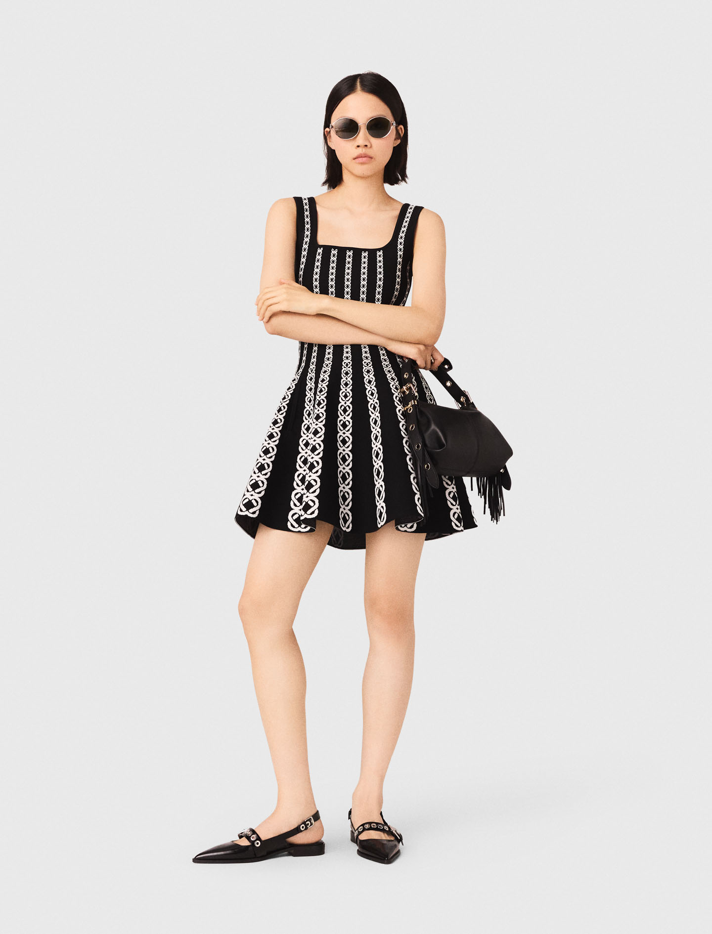 Woman's polyester Mini jacquard knit dress for Spring/Summer, size Small, in color White / Black / Black