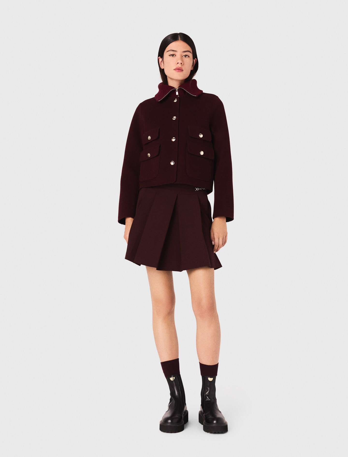 Woman's wool Reversible double-faced jacket for Fall/Winter, size Large, in color Burgundy / by Maje