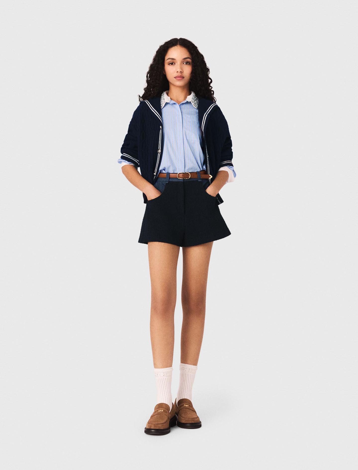 Woman's polyester Tweed shorts with denim details for Spring/Summer, size Large, in color Navy / Blue