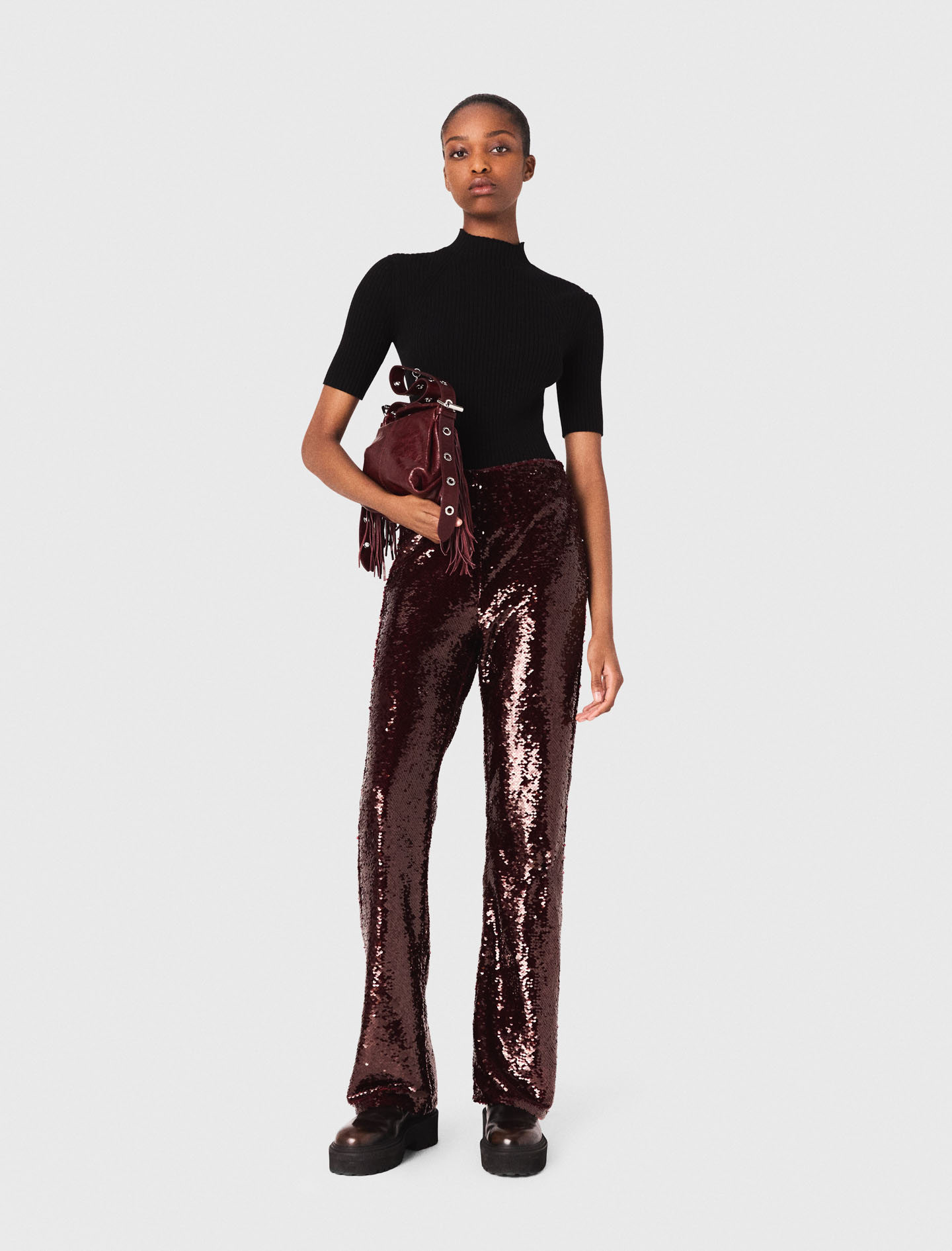 Woman's polyester Sequin-embroidered trousers for Fall/Winter, size Large, in color Burgundy /