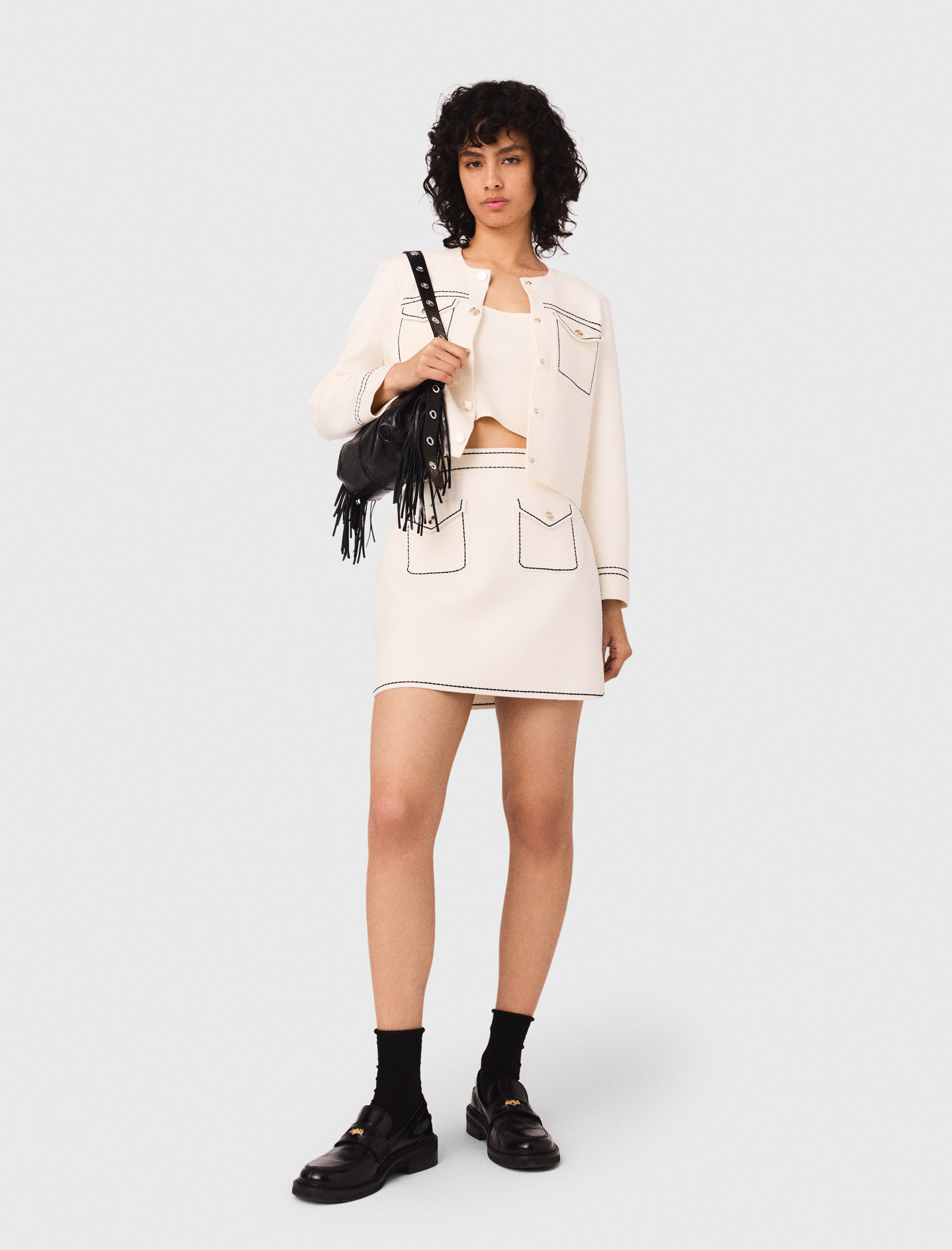 Woman's cotton Mini topstitched knit skirt for Fall/Winter, size Small, in color Ecru / Beige