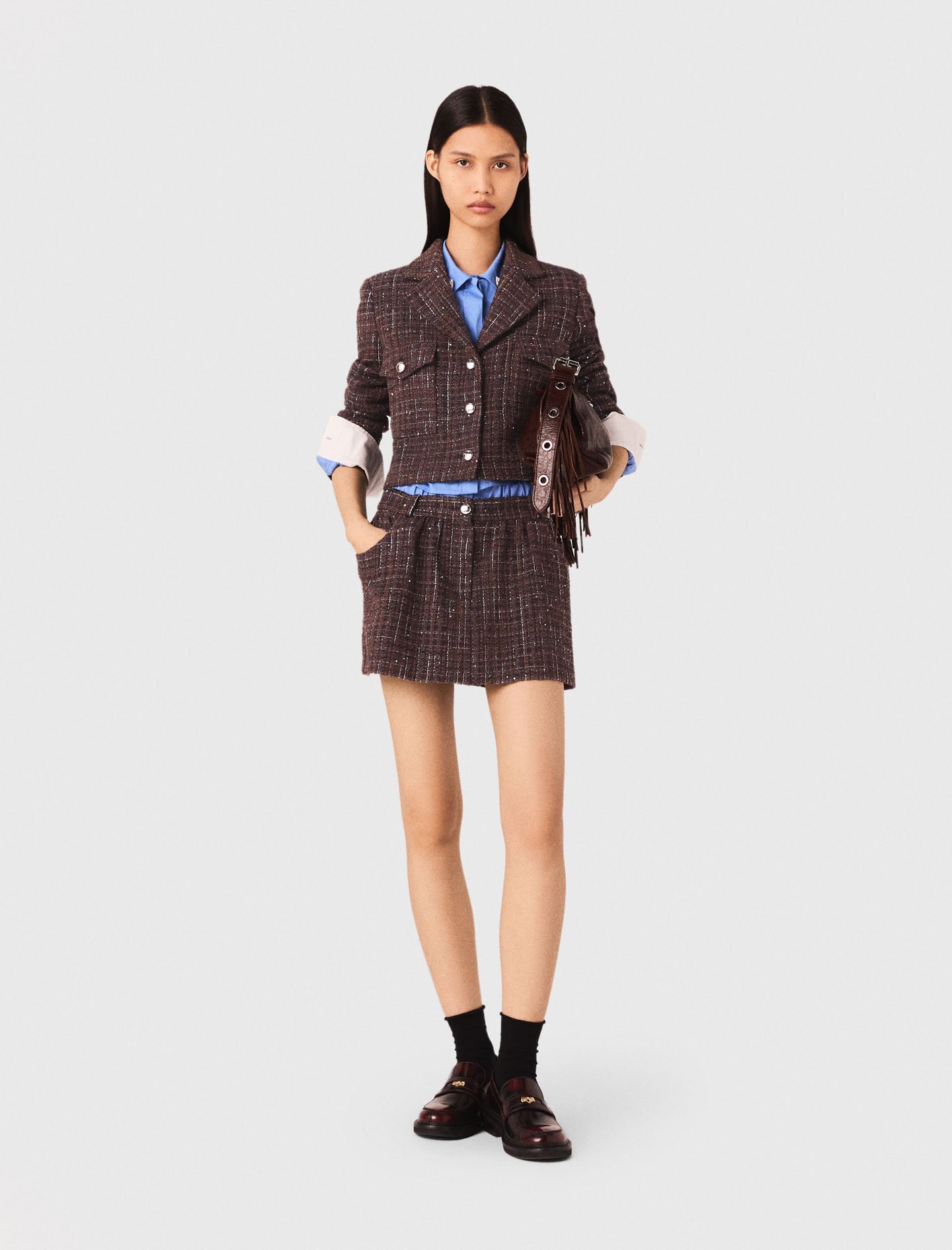 Woman's cotton Short tweed jacket for Fall/Winter, size Extra Extra Large, in color Brown /