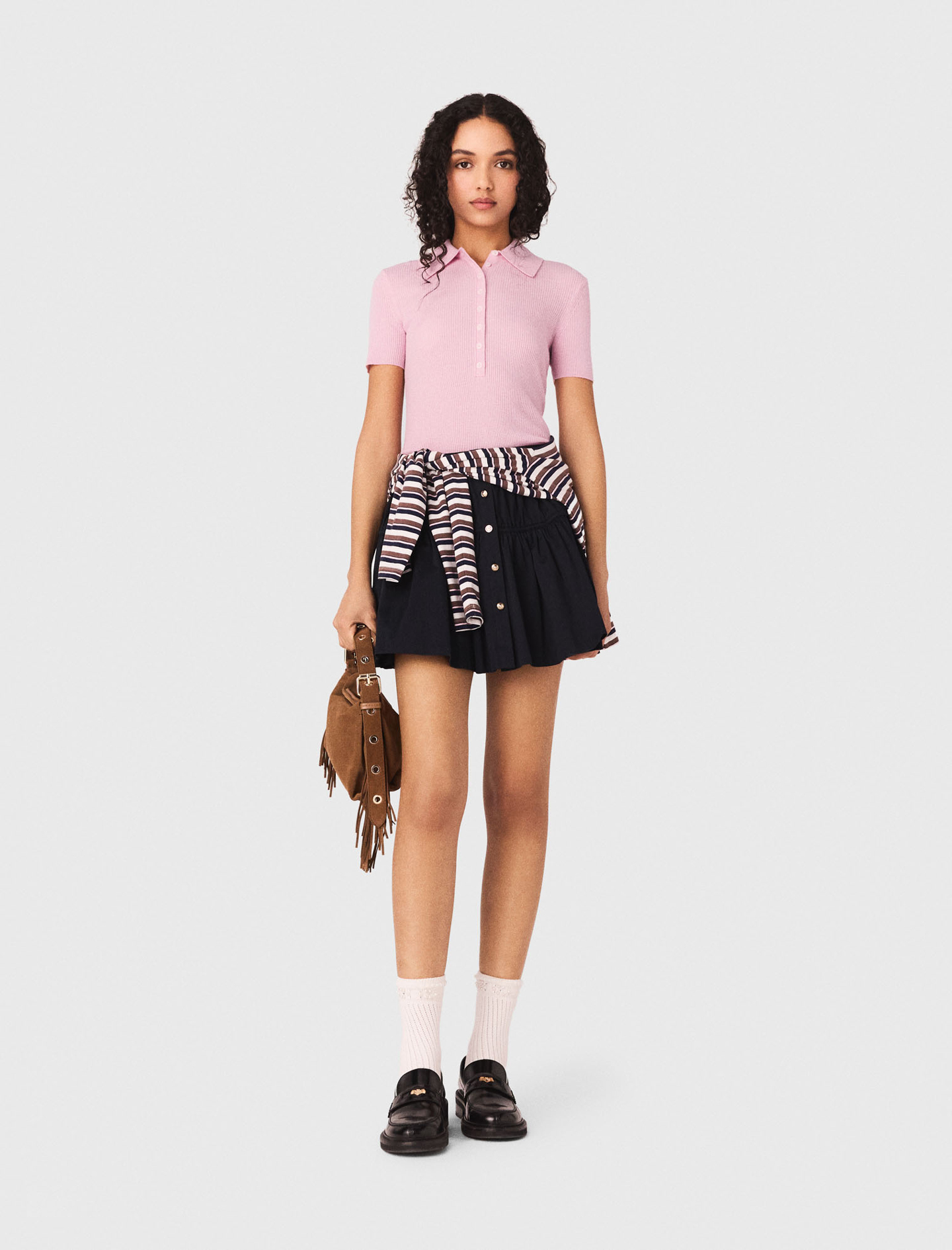 Woman's wool Polo collar ribbed sweater for Spring/Summer, size Small, in color Pink / Red