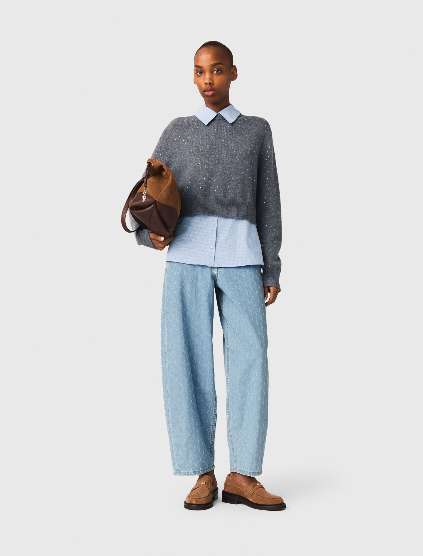 Woman's wool Sweater with removable collar and layer for Spring/Summer, size Small, in color Grey /