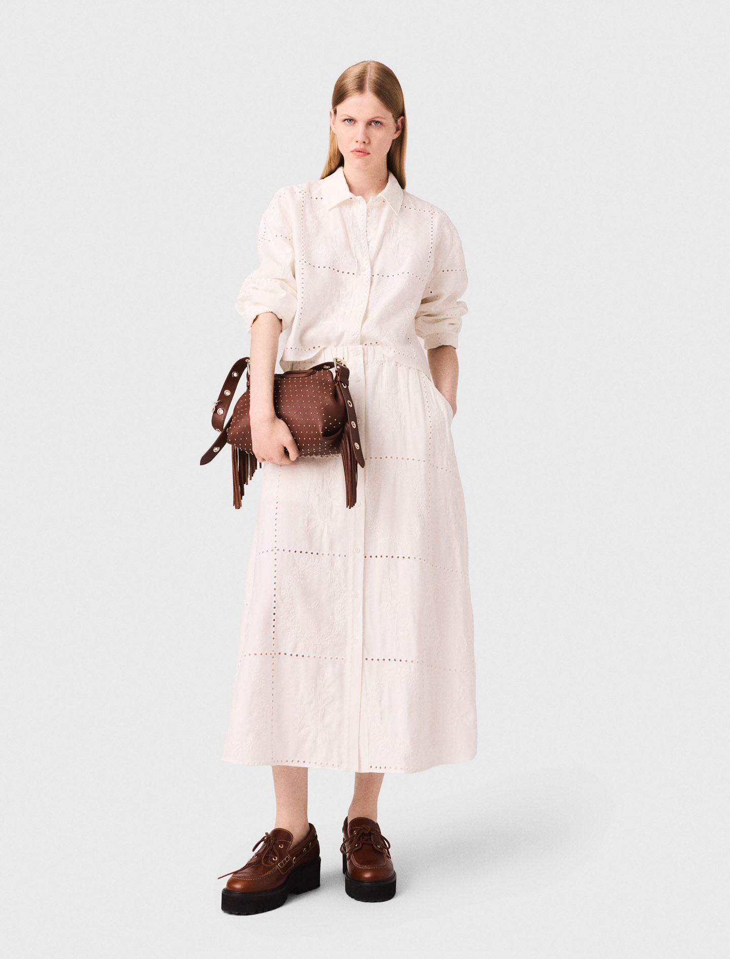 Woman's linen Embroidered midi skirt for Fall/Winter, size Medium, in color White / by Maje