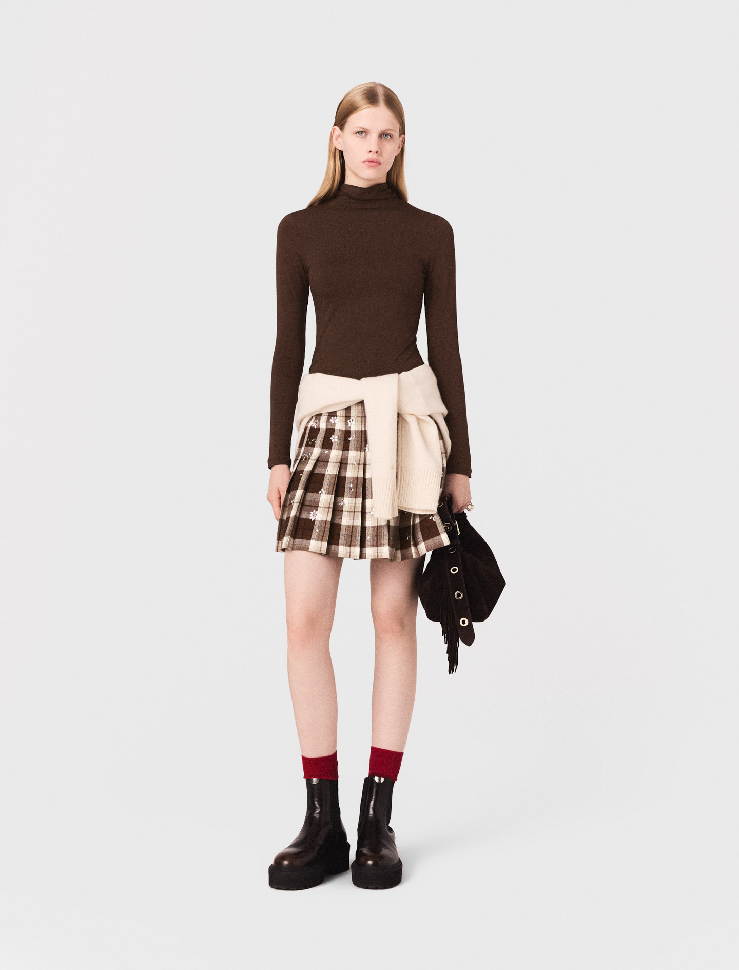 Woman's viscose Roll neck T-shirt for Fall/Winter, size Extra Small, in color Dark brown /