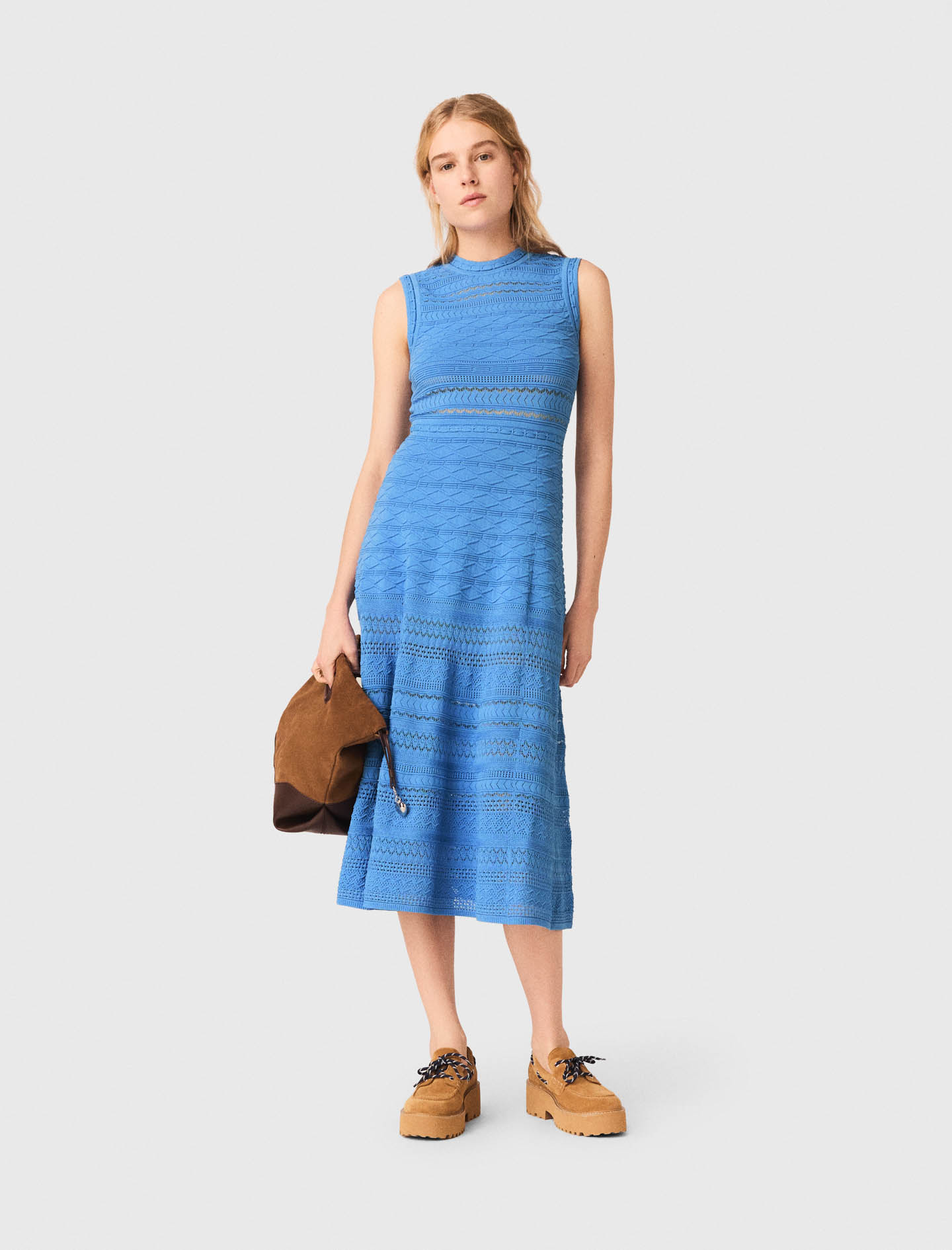 Woman's viscose Pointelle knit maxi dress for Spring/Summer, size Small, in color Blue /