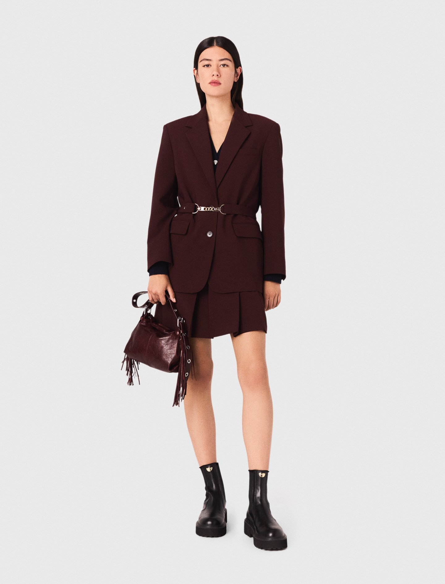 Woman's wool Belted suit jacket for Fall/Winter, size Large, in color Burgundy /