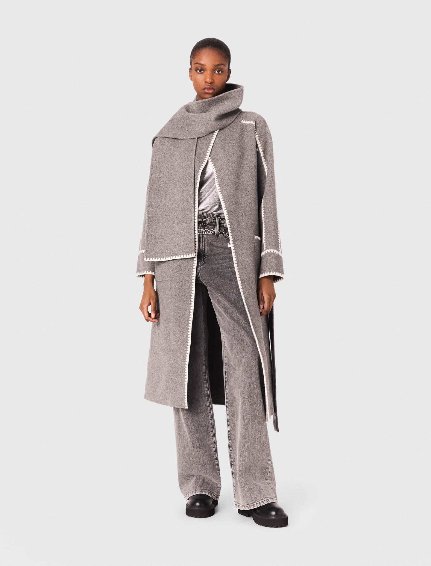 Woman's wool Long double-faced coat for Fall/Winter, size Extra Extra Large, in color Grey/White / by Maje