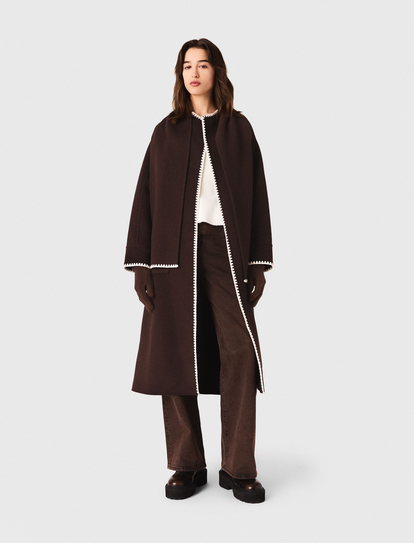 Woman's wool Embroidered double-faced coat for Fall/Winter, size Extra Small, in color Dark brown /