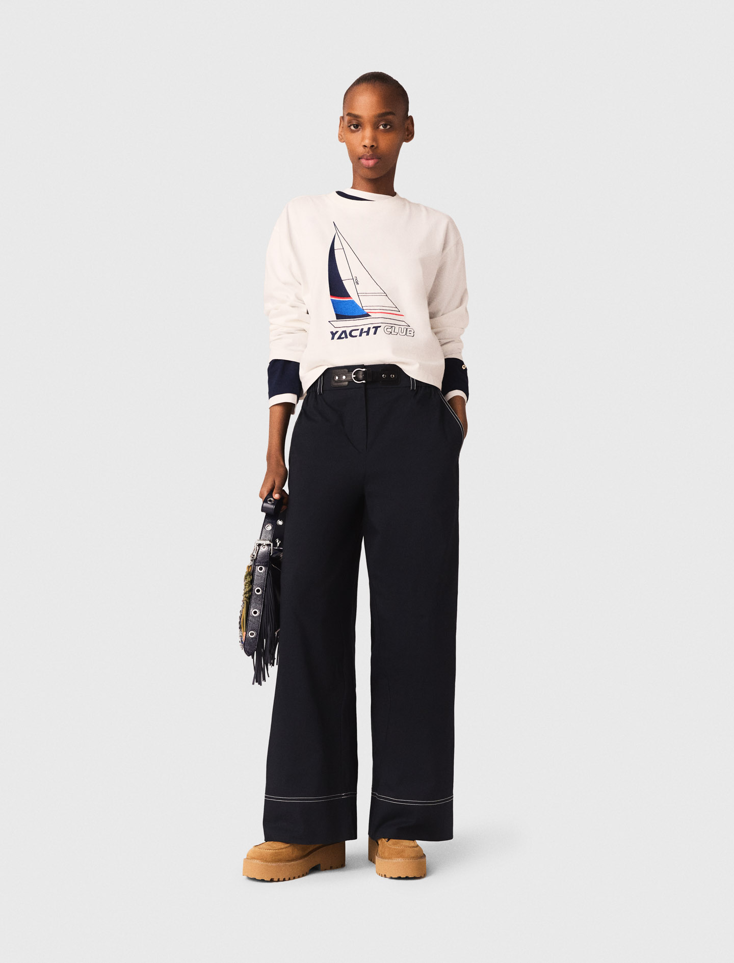 Woman's cotton Cotton trousers with leather belt for Spring/Summer, size Large, in color Navy / Blue