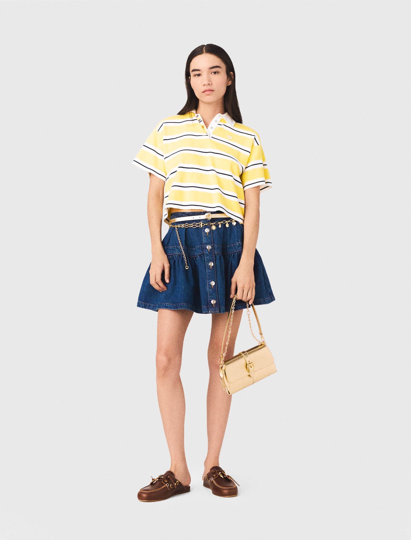 Woman's cotton Striped short-sleeve polo for Spring/Summer, size Large, in color Pale Yellow /