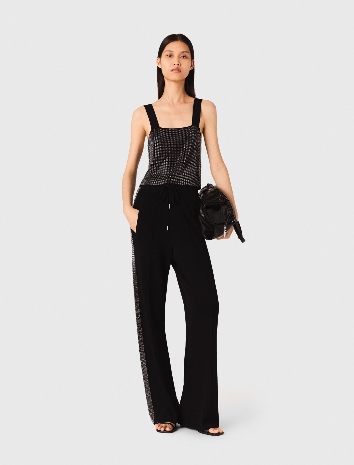 Woman's viscose Strappy diamanté knit top for Fall/Winter, size Large, in color Black / by Maje