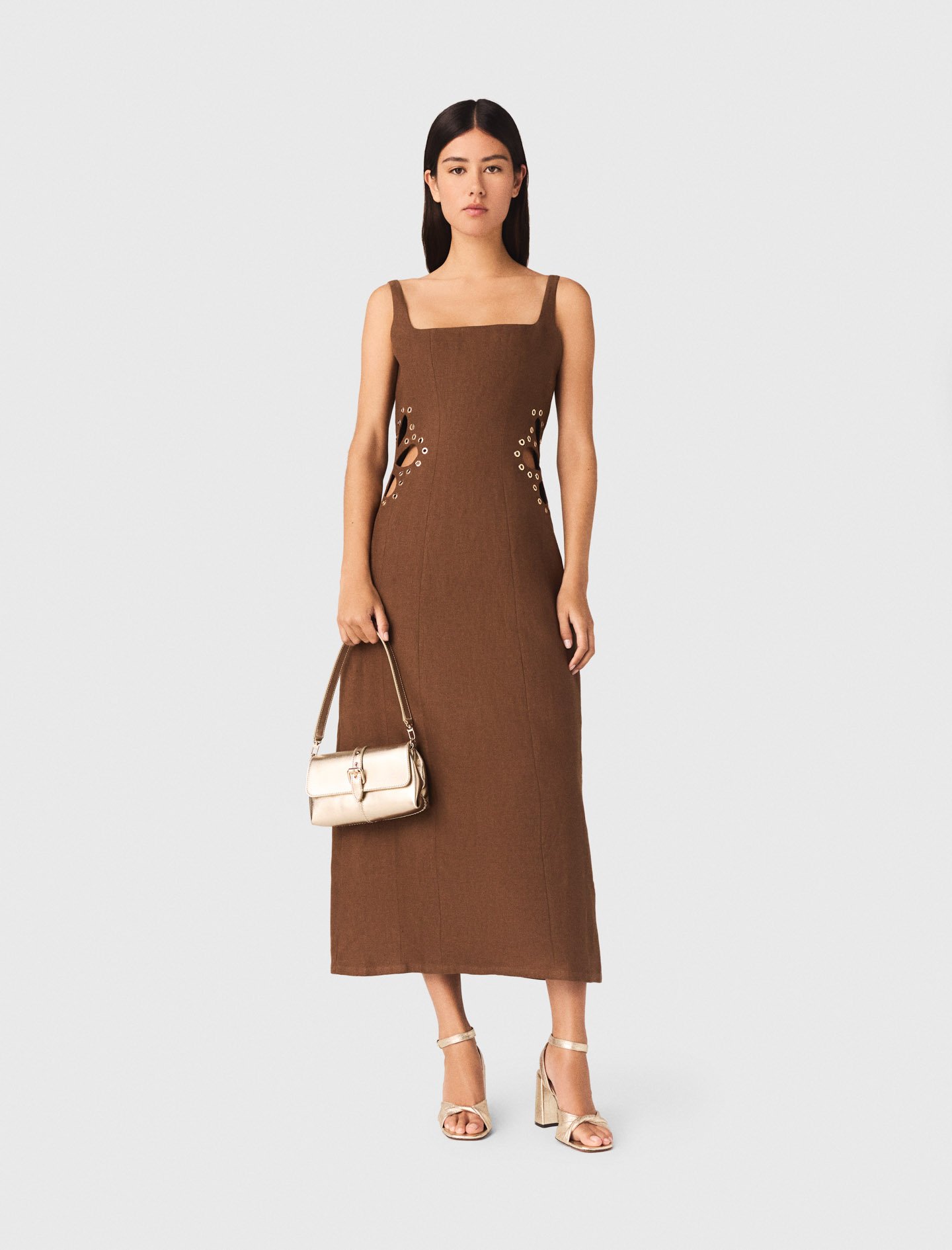 Woman's linen Linen blend maxi dress for Spring/Summer, size Small, in color Brown / by Maje