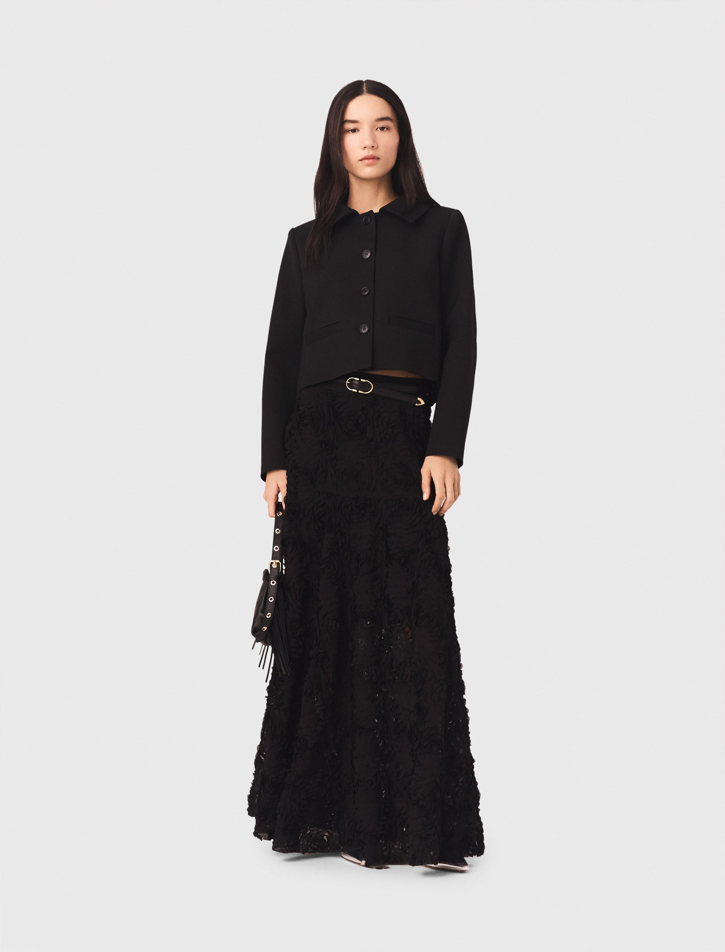 Woman's polyester Long embroidered skirt for Spring/Summer, size Extra Small, in color Black /