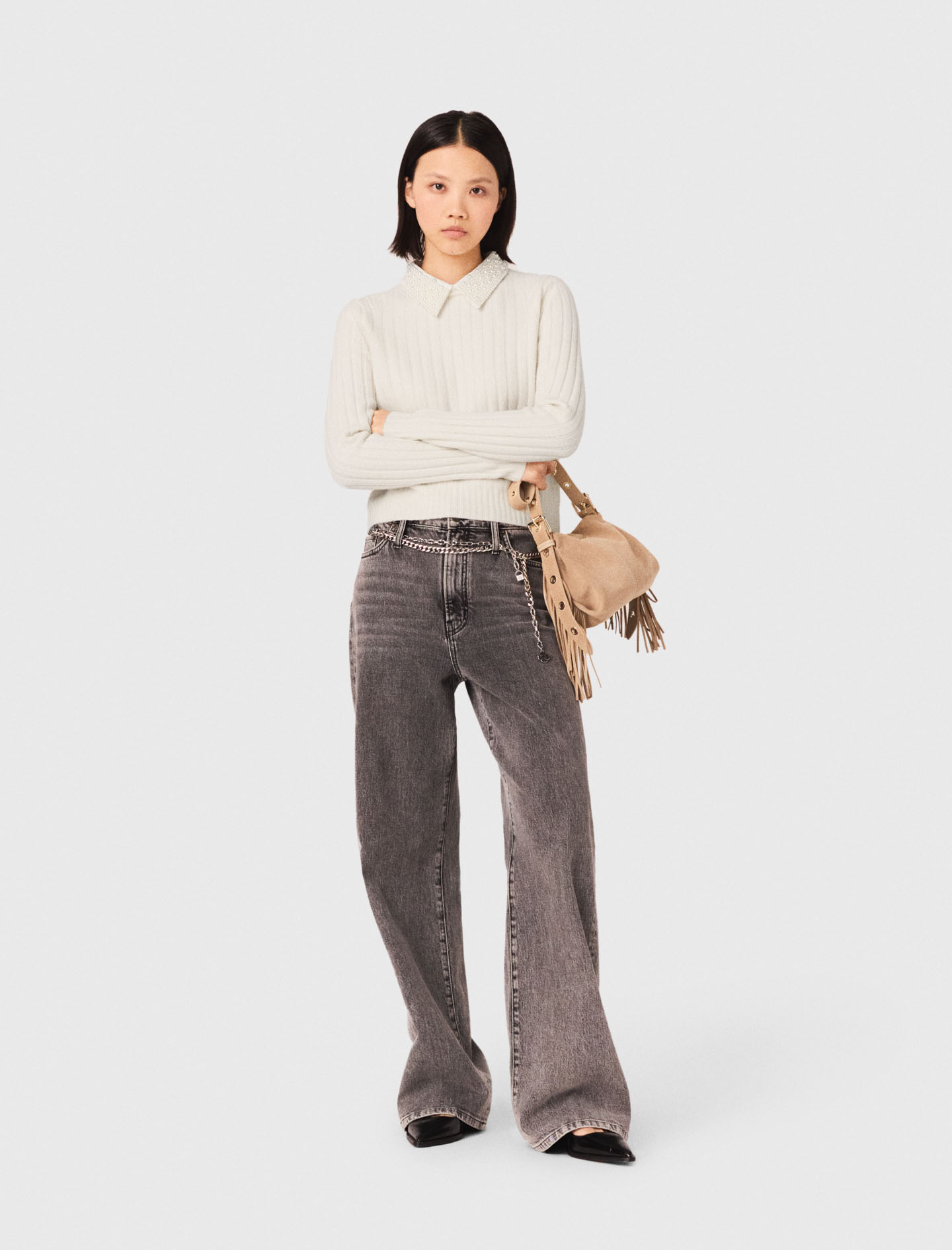 Woman's wool Pearl collar ribbed sweater for Spring/Summer, size Medium, in color Ecru / Beige