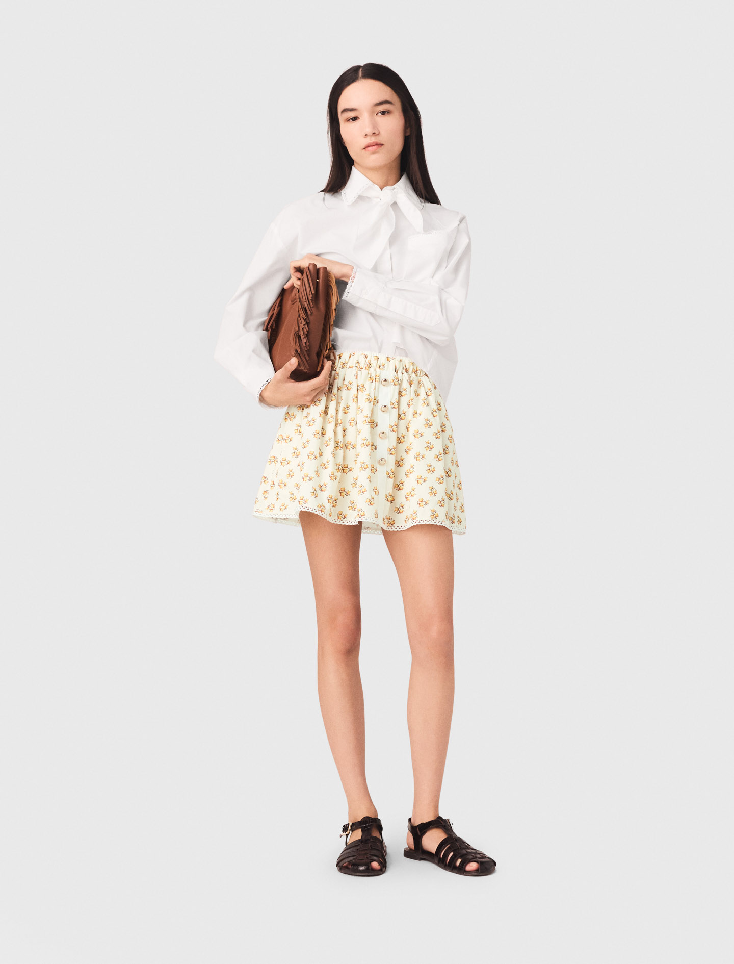 Woman's lyocell Printed skirt with rickrack trim for Spring/Summer, size Medium, in color Yellow Small Flowers Print /